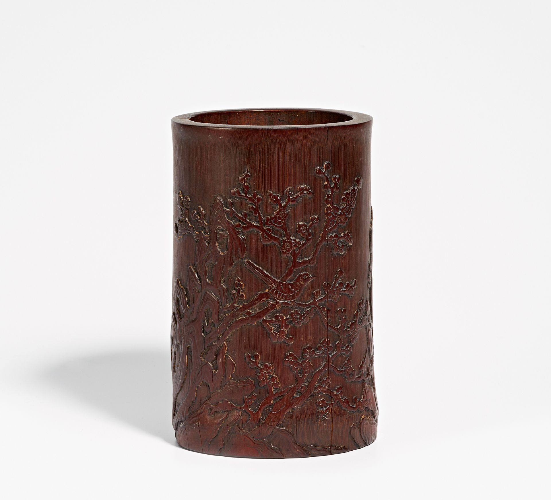 BRUSH POT WITH BIRD IN FLOWERING PLUM TREE. China. 19th/20th c. Bamboo carved finely in bas