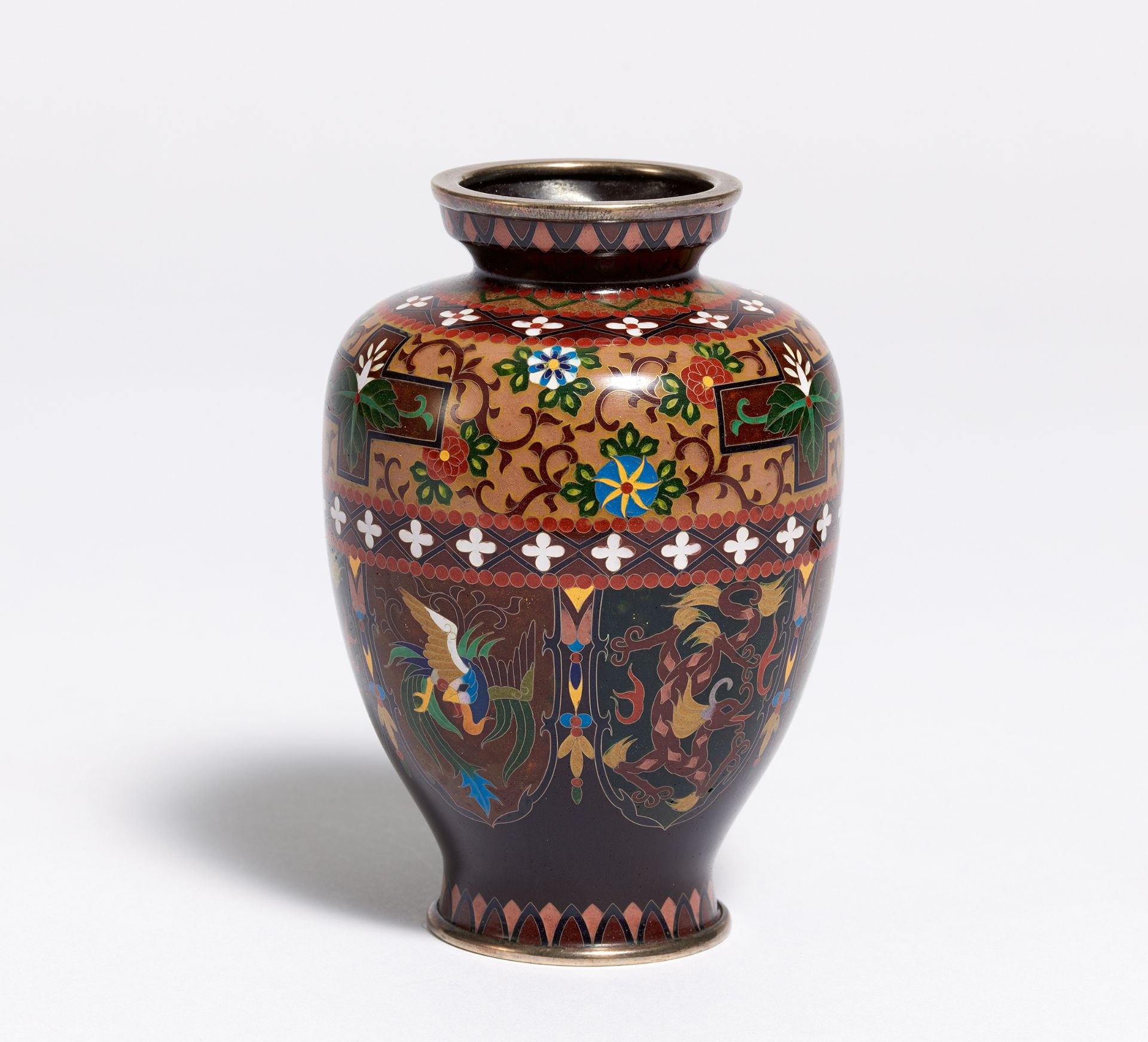 SMALL CLOISONNÉ VASE WITH KIRI FLOWERS, PHOENIX AND DRAGONS. Japan. Meiji period. Late 19th c.