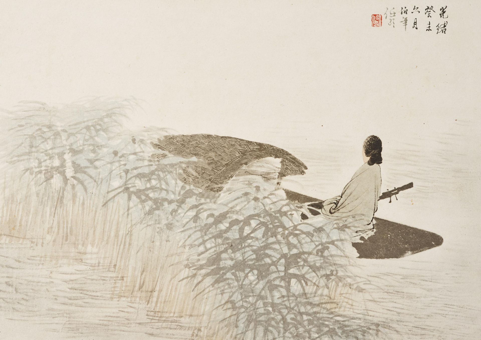 TWO WOODBLOCK PRINTS: LADY IN A BOAT AND TWO HORSES WITH A NOBLE. China. 20th c. Published: Duo - Bild 2 aus 3