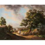 Klever Schule. 19. Jh. Weite Landschaft mit Wagen. Öl auf Leinwand. Doubliert. 56,5 x 72,5cm.