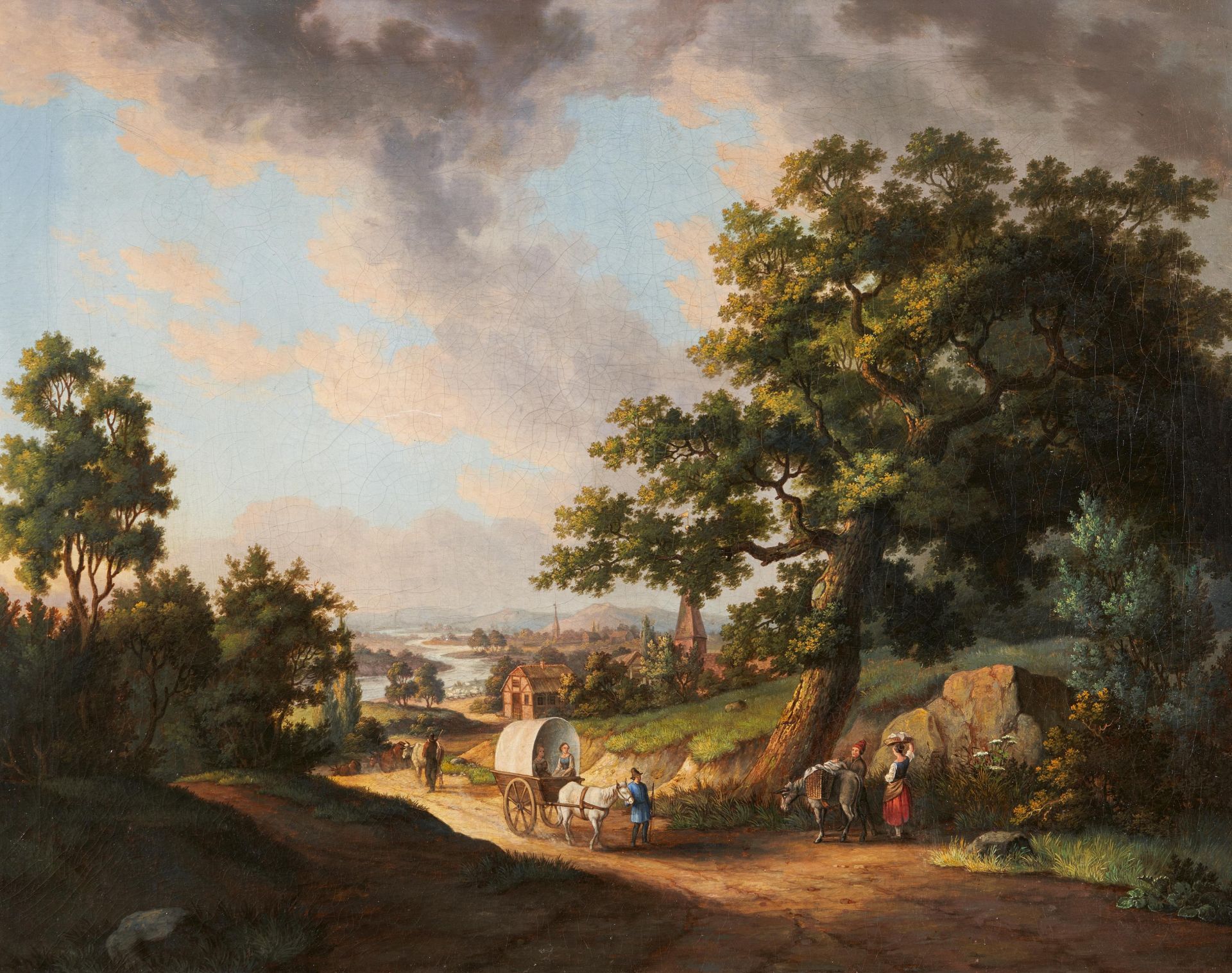 Klever Schule. 19. Jh. Weite Landschaft mit Wagen. Öl auf Leinwand. Doubliert. 56,5 x 72,5cm.