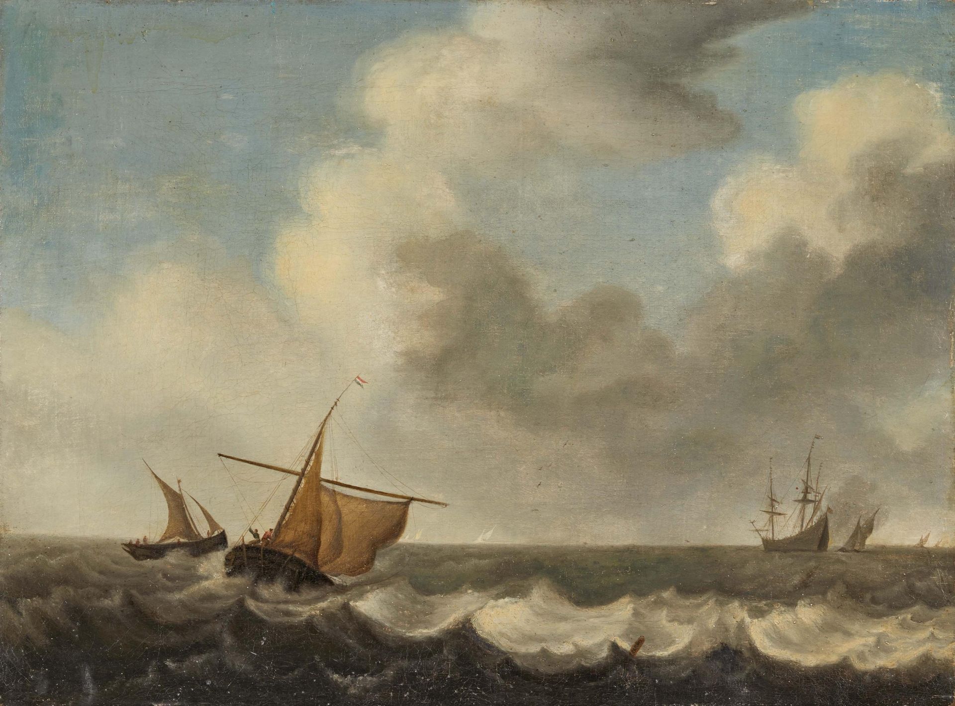 Niederländischer Meister. 18. Jh.Küstensegler auf dem Wasser. Öl auf Leinwand. Doubliert. 48 x 64cm.