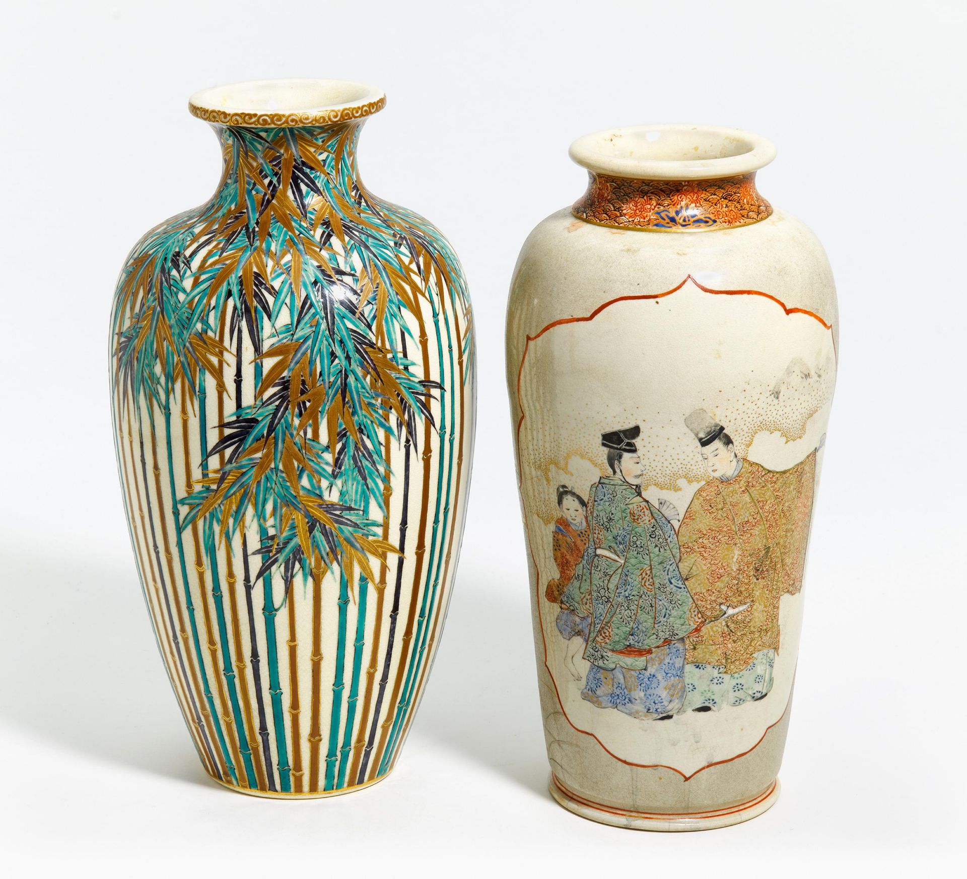 TWO SATSUMA VASES, ONE WITH BAMBOO, THE OTHER WITH GENJI-MOTIV. Japan. Meiji period (1868-1912).