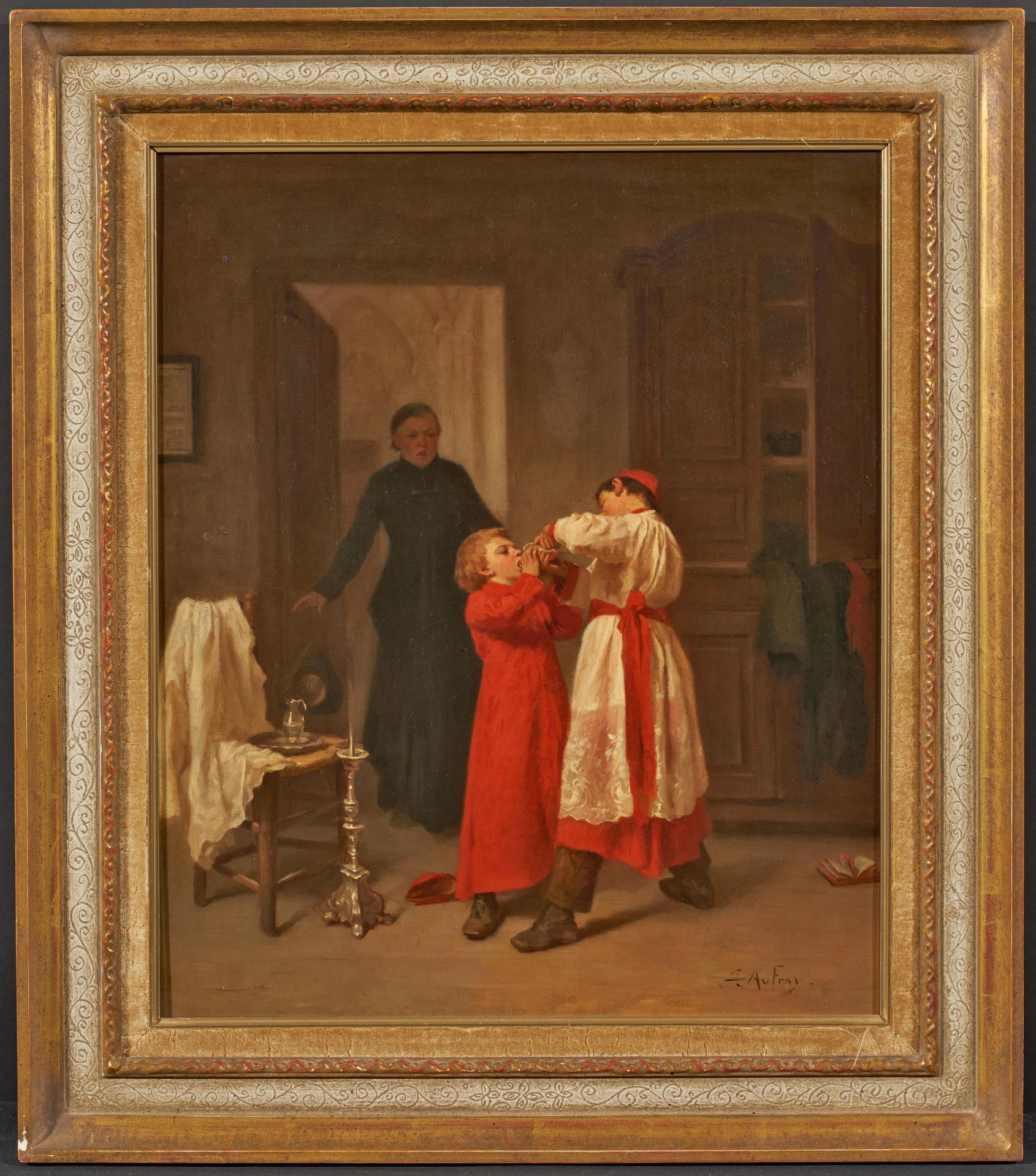 Aufray, Joseph Athanase. 1836 Paris - 1885. Meßdiener in der Sakristei. Öl auf Leinwand. - Bild 2 aus 4