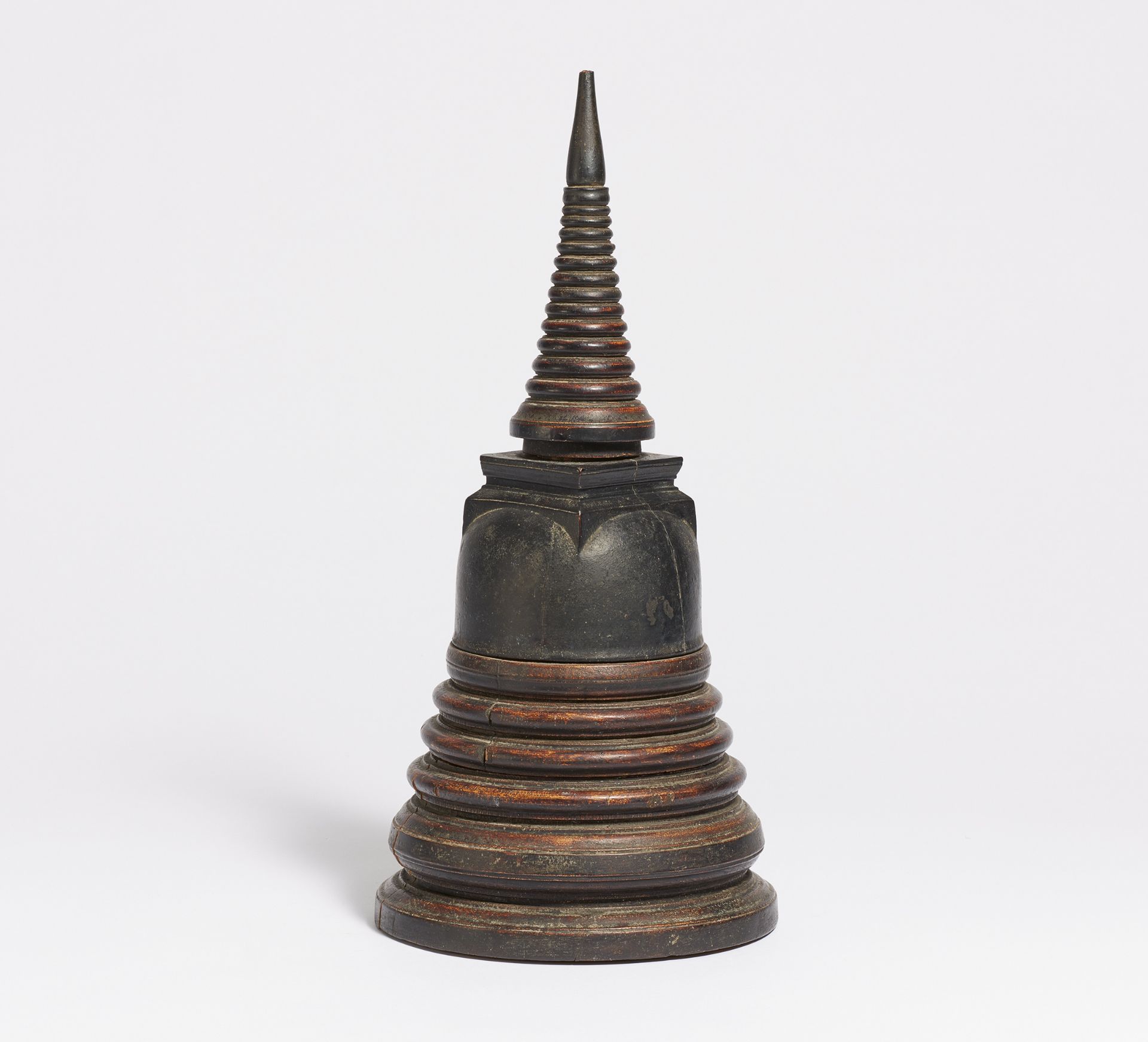 LARGE THREE PART STUPA AS RELIQUARY. Thailand. 19th-20th c. Wood, turned and carved. Three part with