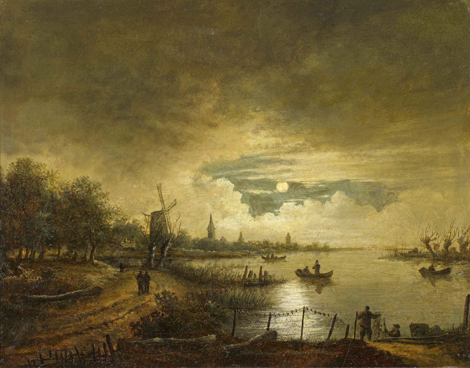 Neer, Aert van der. Amsterdam um 1603 - 1677. Nachfolge. Nachtlandschaft mit Wanderern. Öl auf