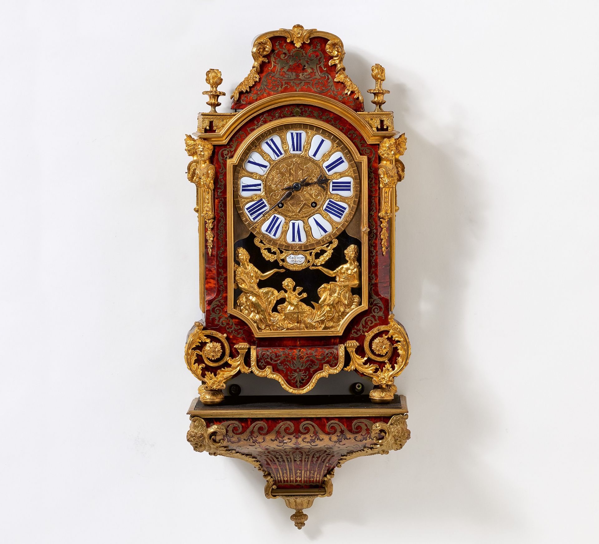 LOUIS XIV STYLE BOULLE RELIGIEUSE PENDULUM CLOCK ON CONSOLE WITH BRASS AND TORTOISESHELL INLAYS. - Image 2 of 2