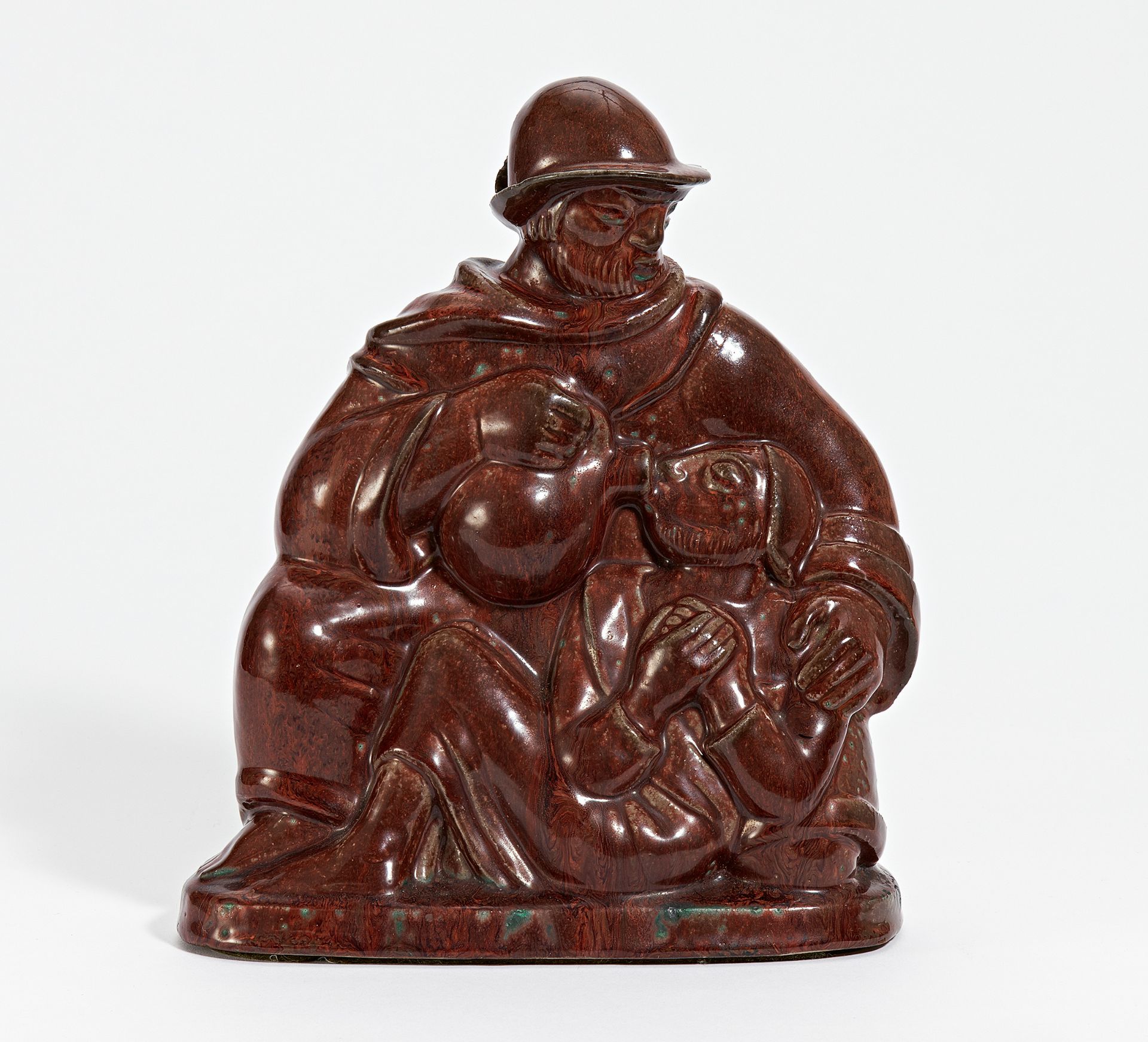 DER BARMHERZIGE SAMARITER. Royal Copenhagen. Modell J. Nielsen. Steinzeug, rot glasiert. H. 33cm.