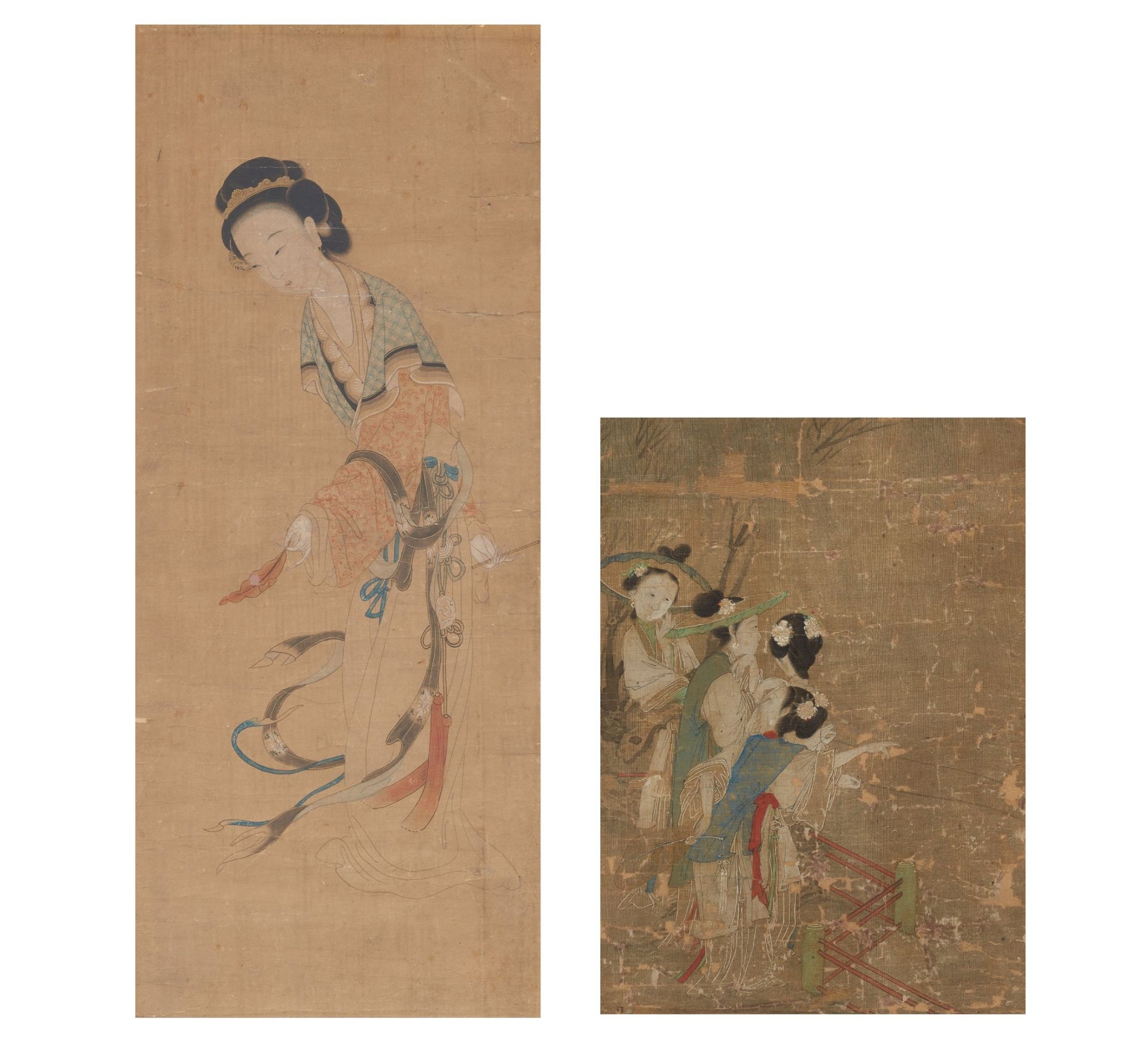 TWO PAINTINGS WITH LADIES. China. 18th/19th c. Ink and pigments on paper resp. silk. Each framed