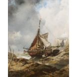 Hoguet, Charles. Berlin 1821 - 1870. Aufliegendes Fischerboot an der bretonischen Küste. Öl auf