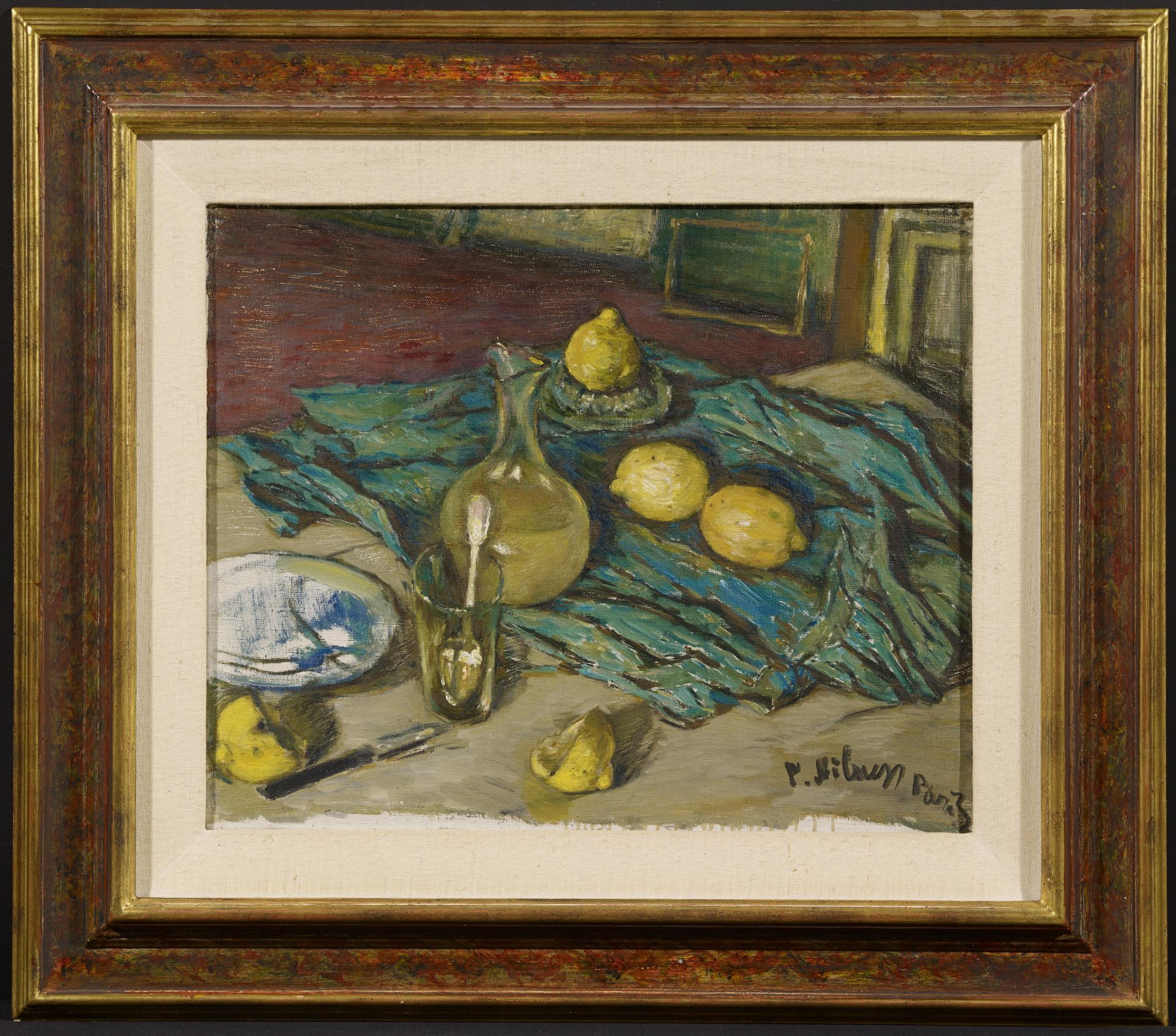 Citrons, carafe et tissu bleu - Image 2 of 4