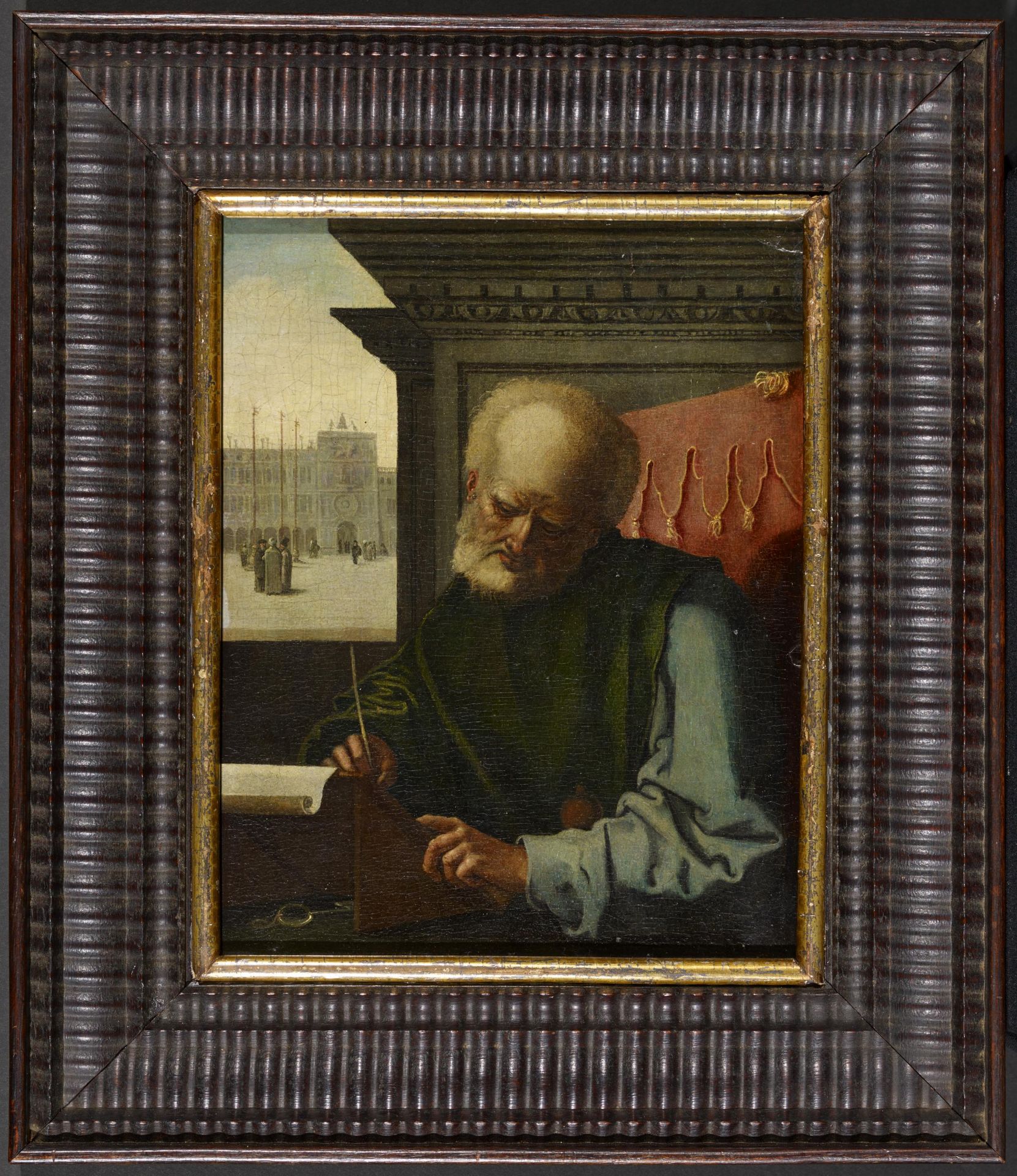 Portrait eines Gelehrten mit dem Uhrenturm auf dem Markusplatz in Venedig im Hintergrund - Bild 2 aus 4