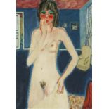 Femme nue debout dans la chambre bleue