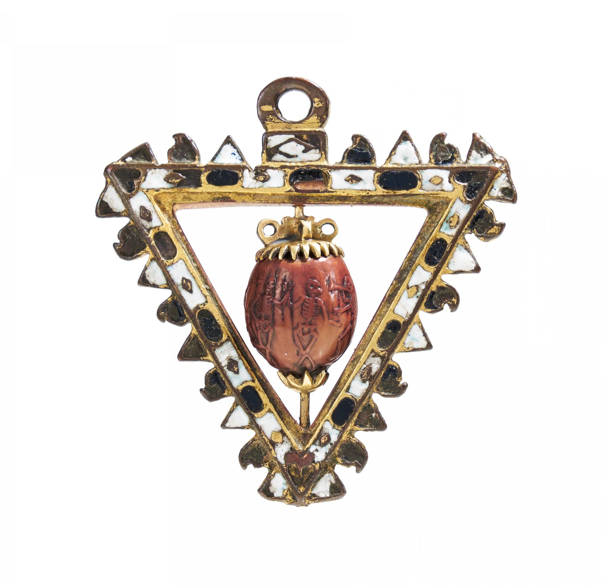 Gilt copper and enamel memento mori pendant with dance of the dead