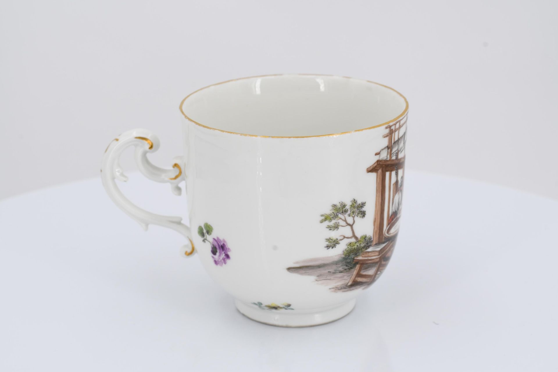 Porcelain cup and saucer with occupation depictions - Image 6 of 9