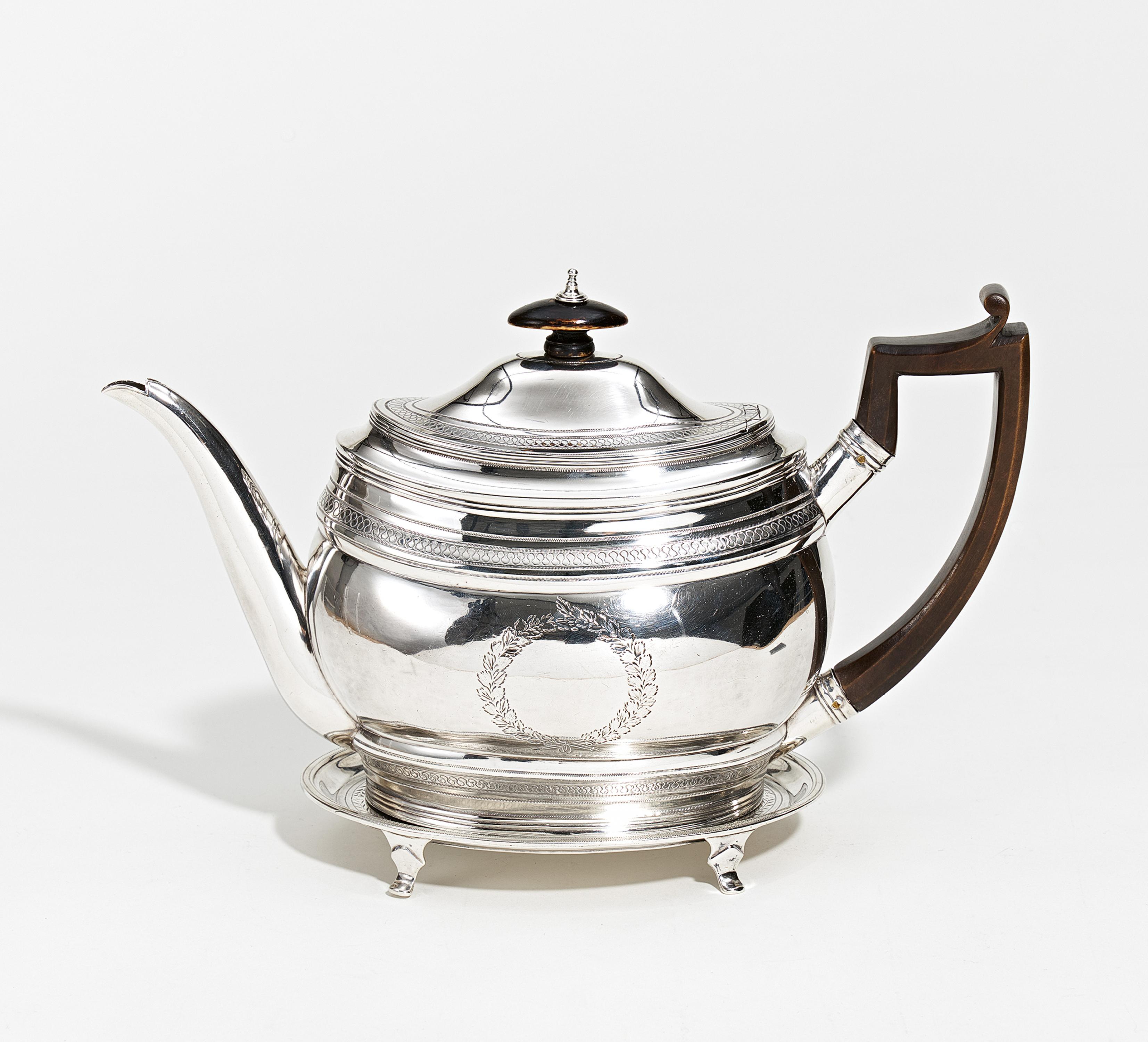 George III silver tea pot on stand