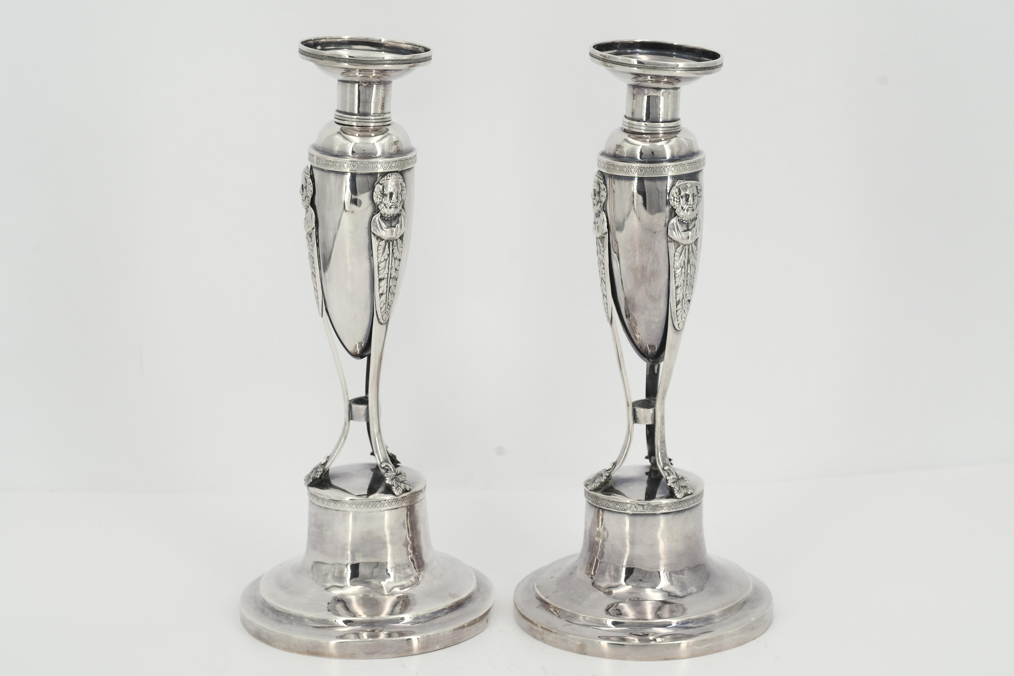 Pair of silver Empire candlesticks with Hermes décor - Image 3 of 8