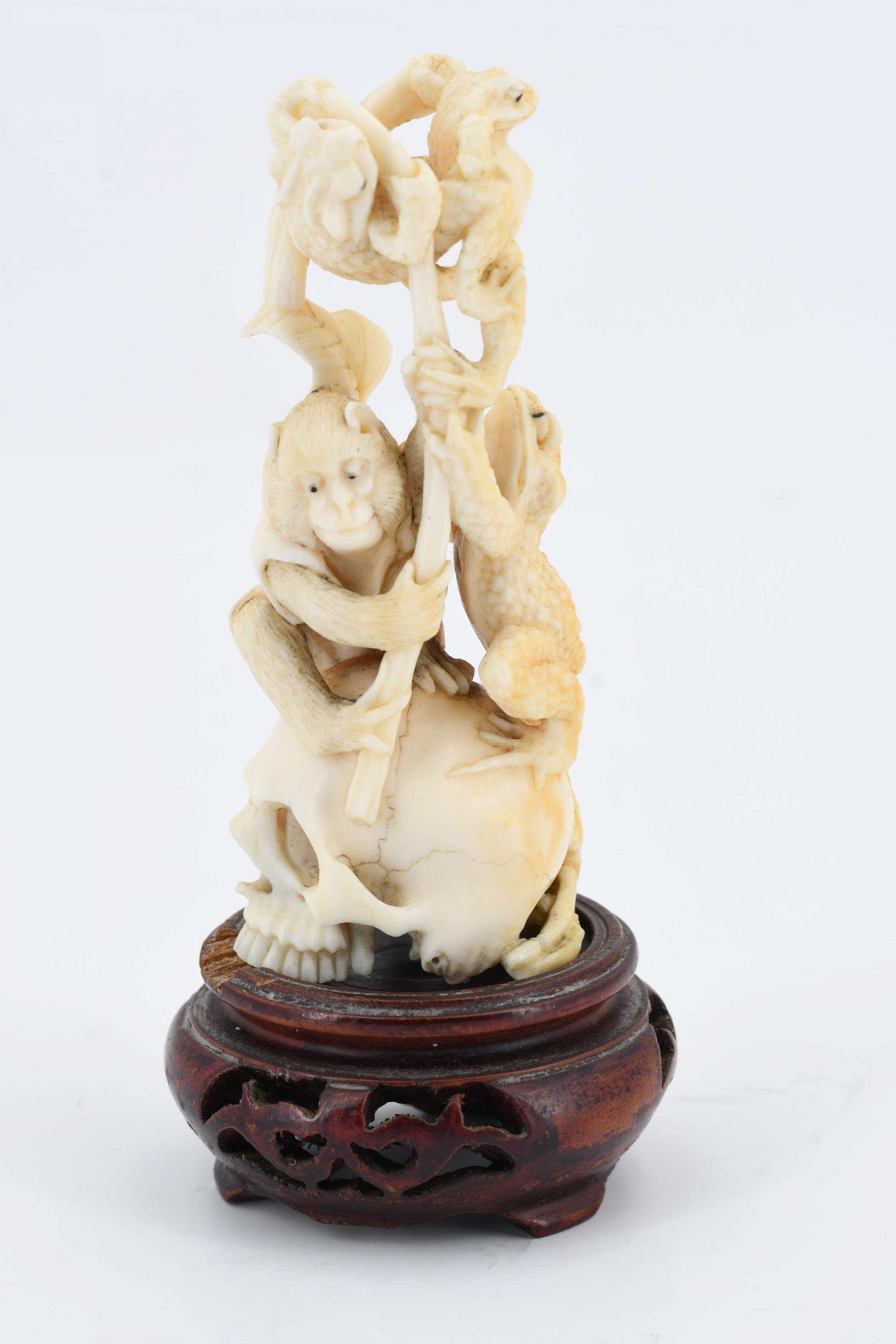 Ivory okimono with monkey and frogs on skull - Image 3 of 6