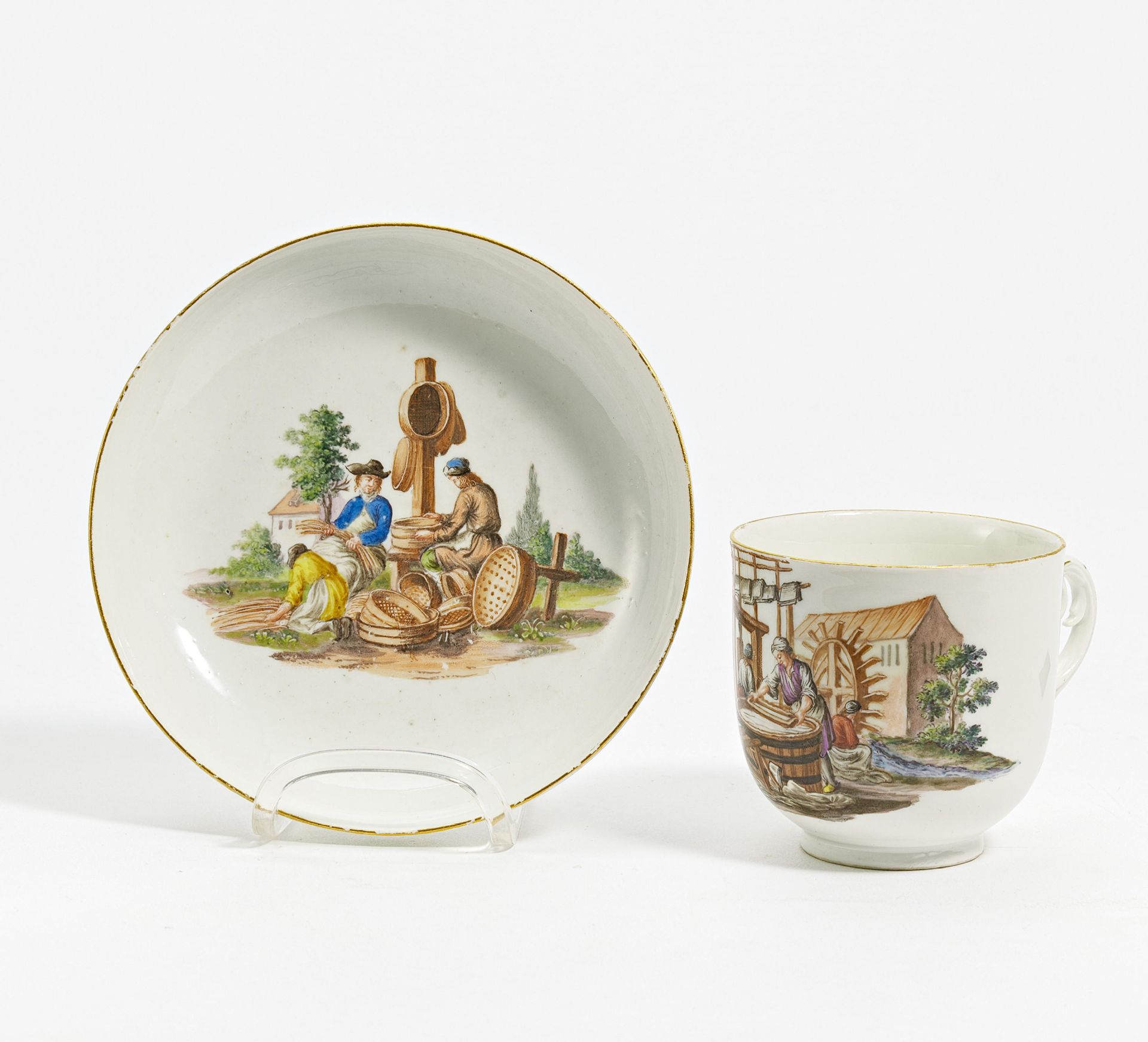 Porcelain cup and saucer with occupation depictions