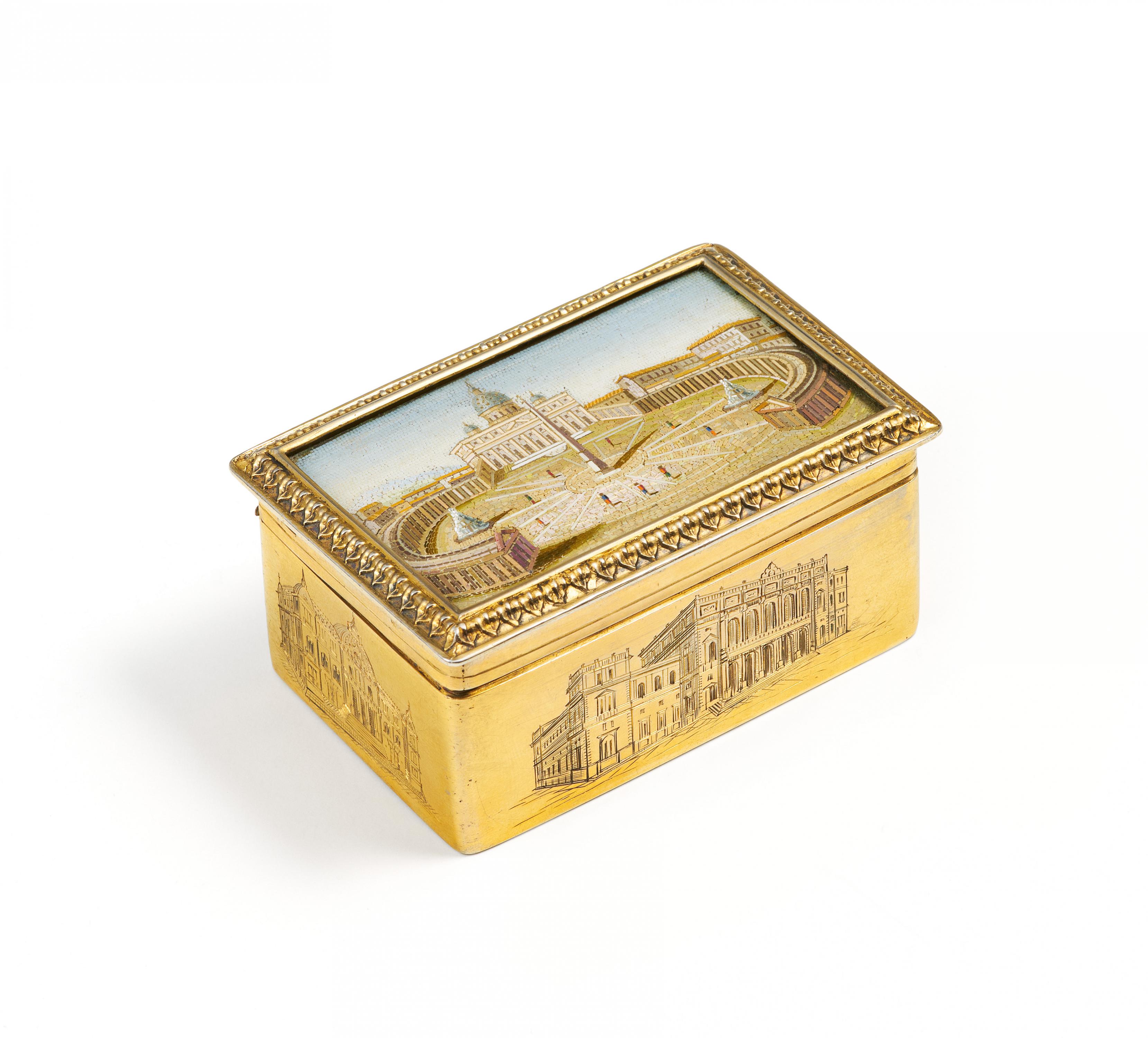 Two exquisite gilt silver and glass snuffboxes with cityscapes of rome in micro mosaic - Image 8 of 14