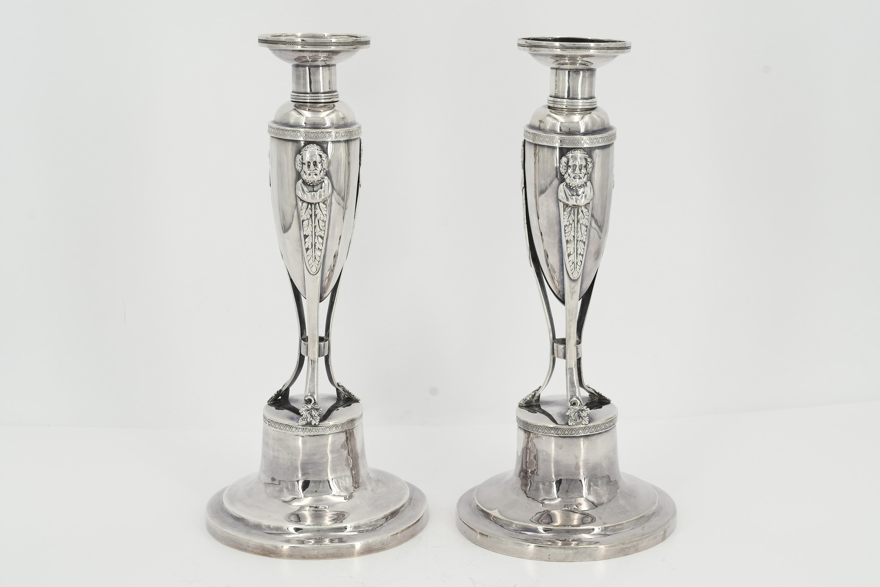 Pair of silver Empire candlesticks with Hermes décor - Image 2 of 8