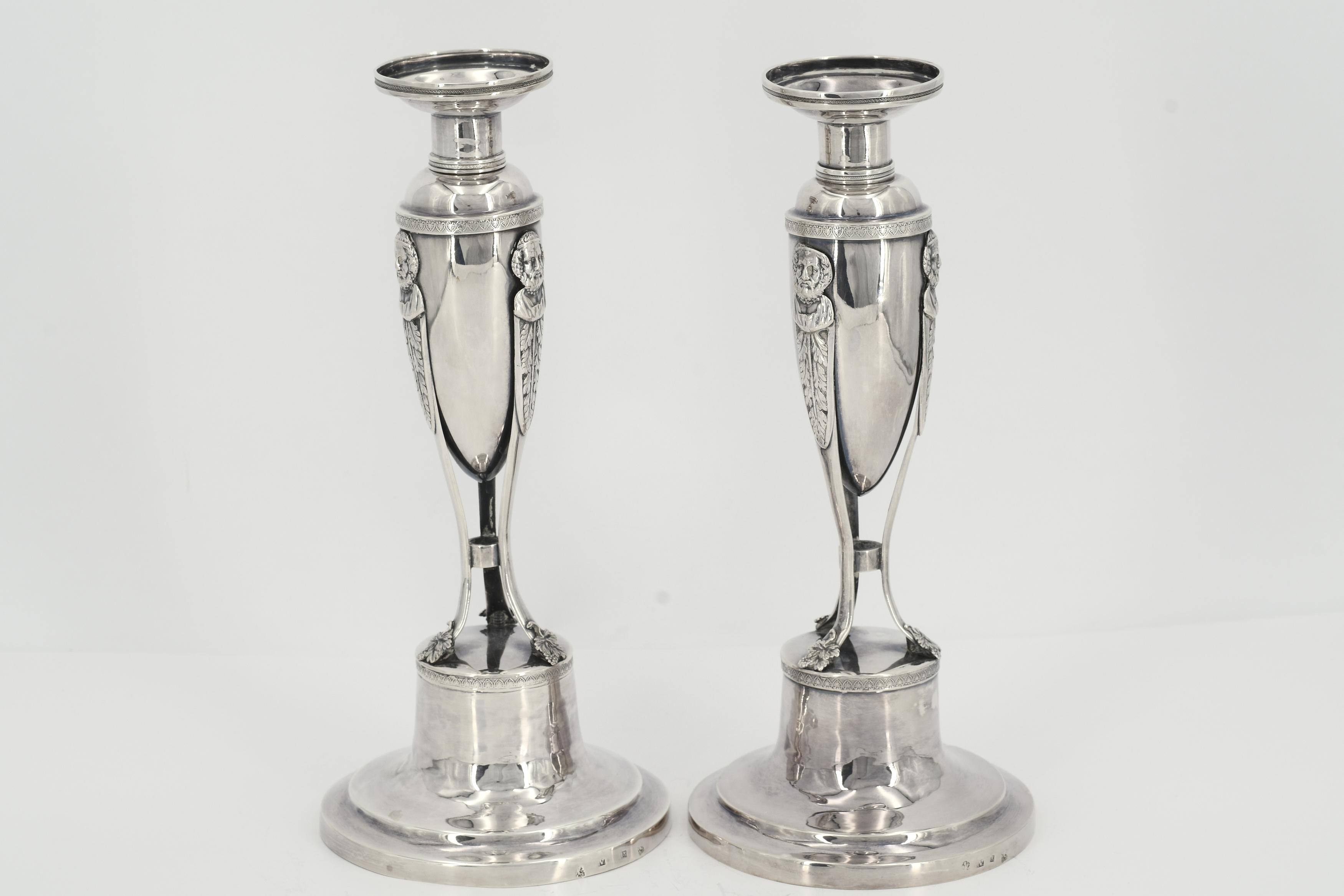 Pair of silver Empire candlesticks with Hermes décor - Image 4 of 8