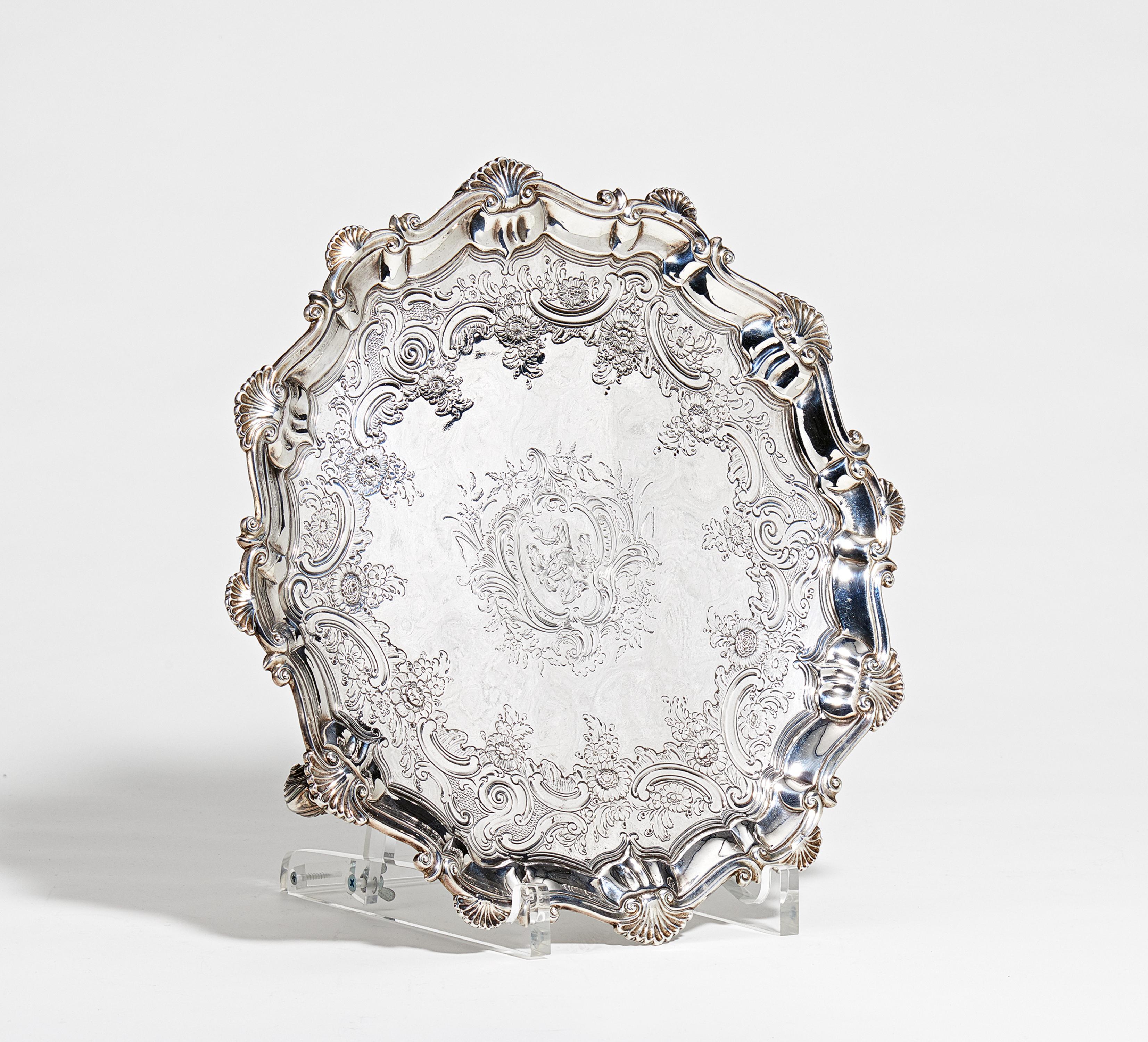 Large George II silver salver with scallop and rocaille décor