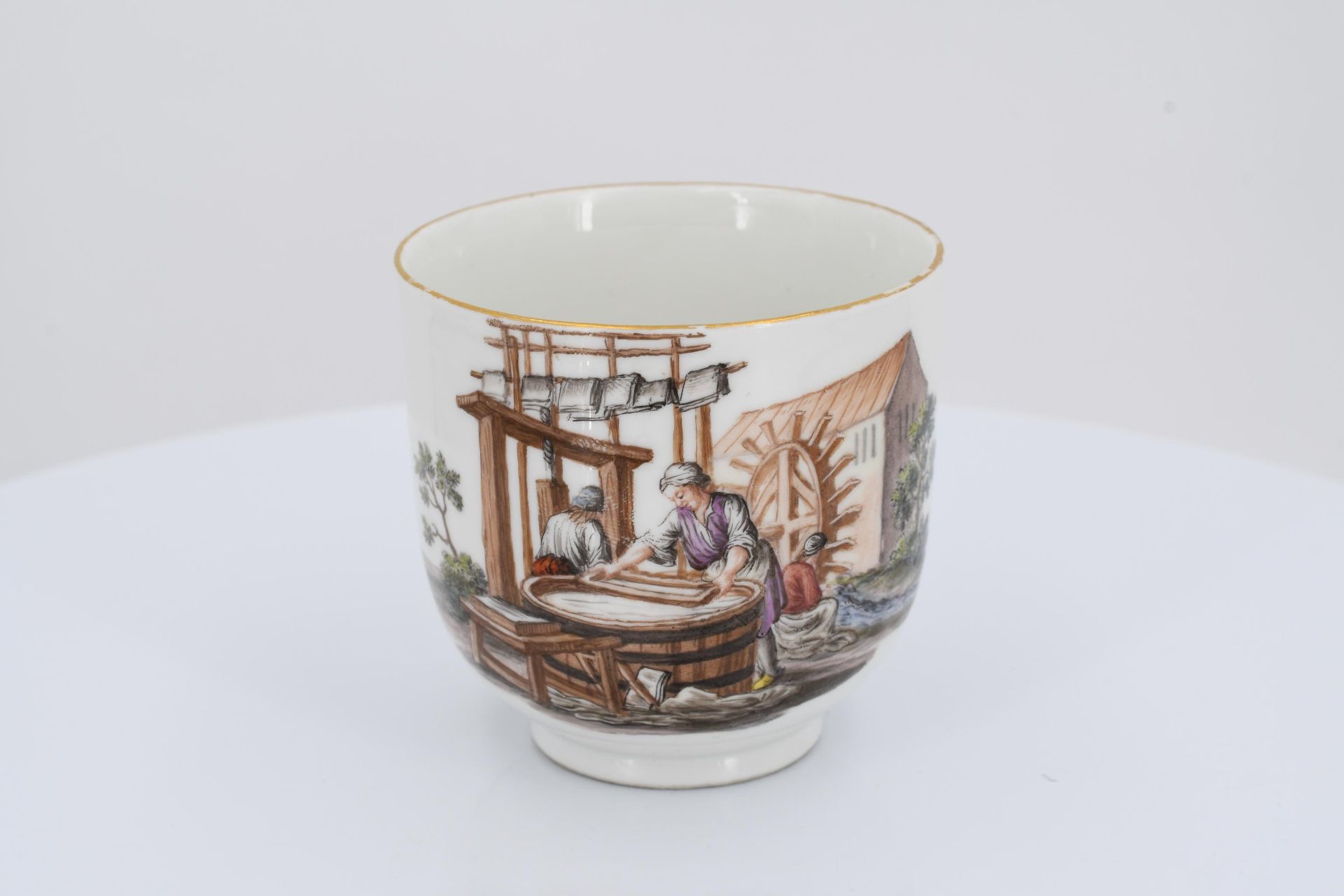 Porcelain cup and saucer with occupation depictions - Image 7 of 9