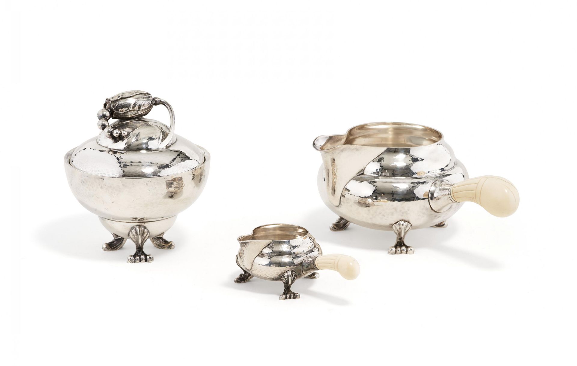Silver sugar bowl, creamer & milk jug "Blossom" with ivory handles - Image 2 of 14