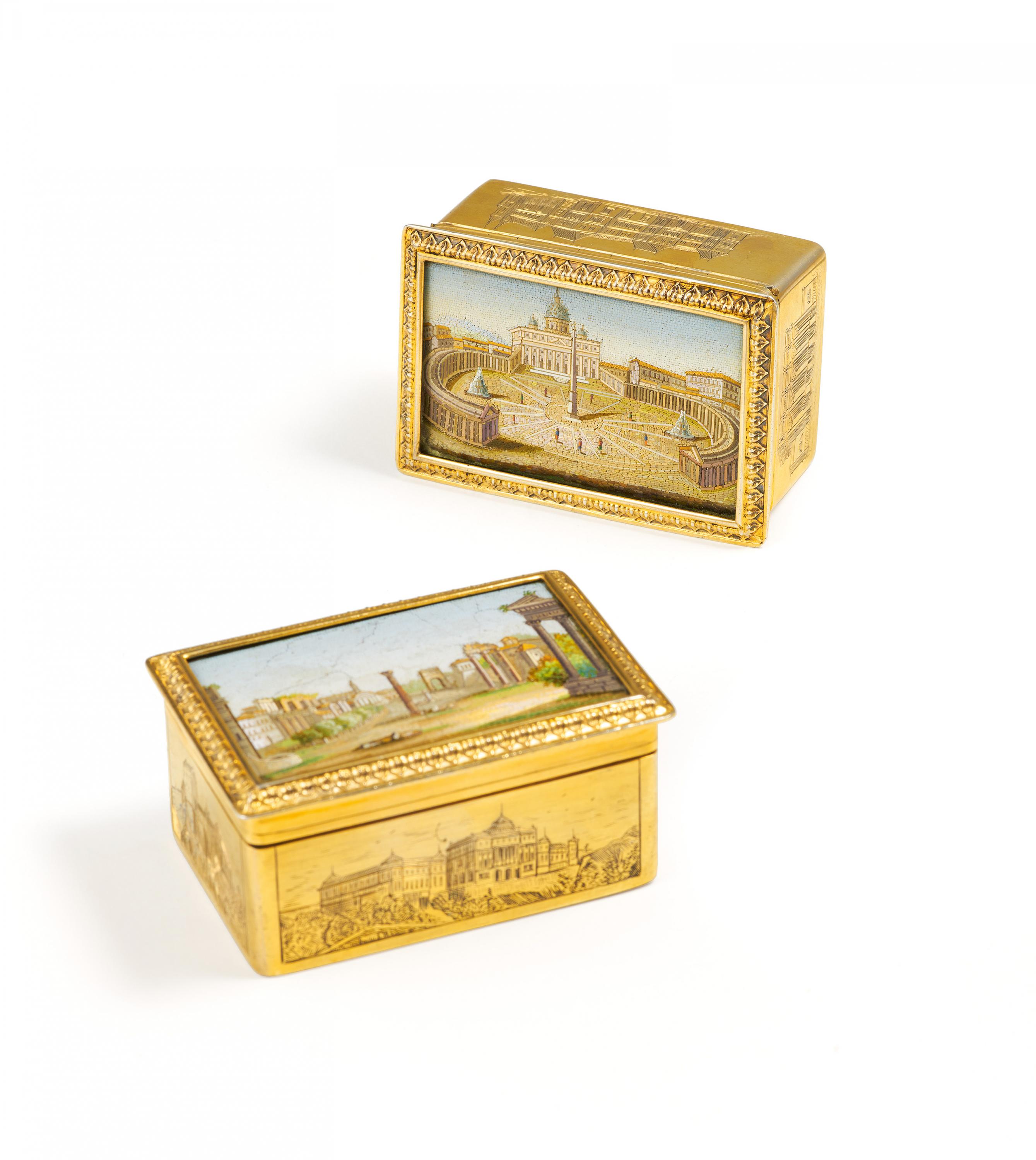 Two exquisite gilt silver and glass snuffboxes with cityscapes of rome in micro mosaic