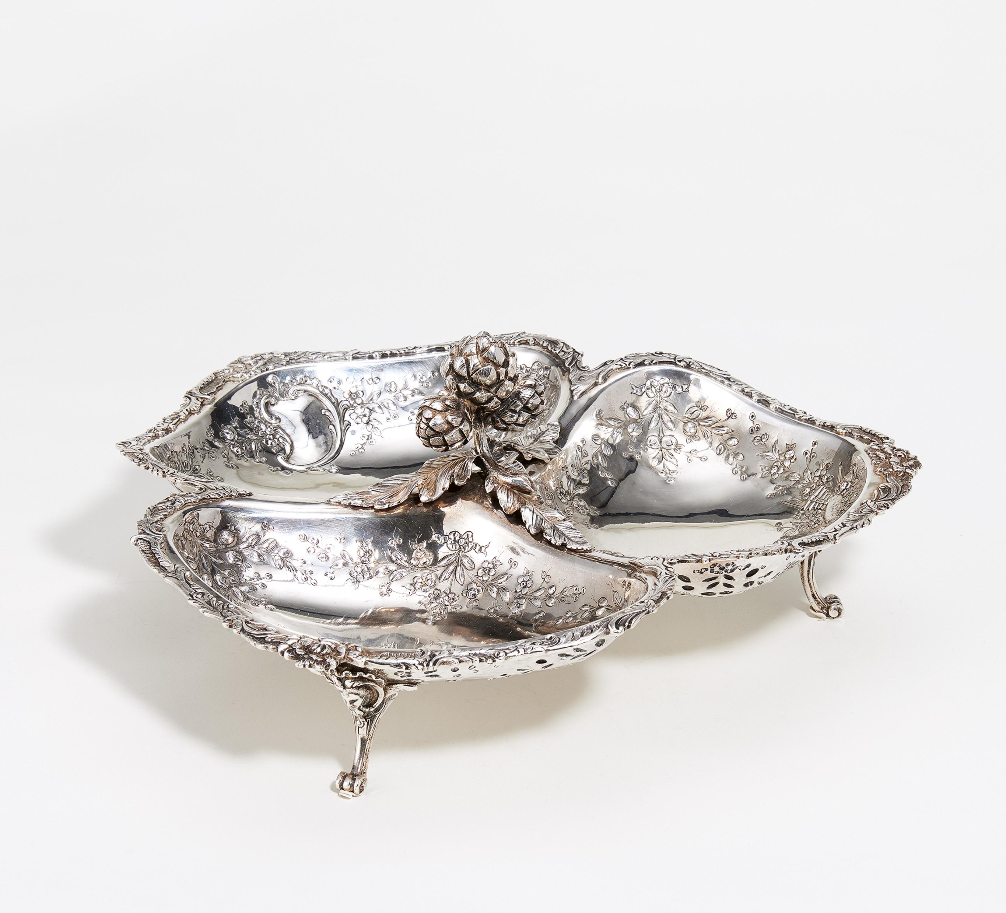 Three-part silver serving bowl with artichoke handle