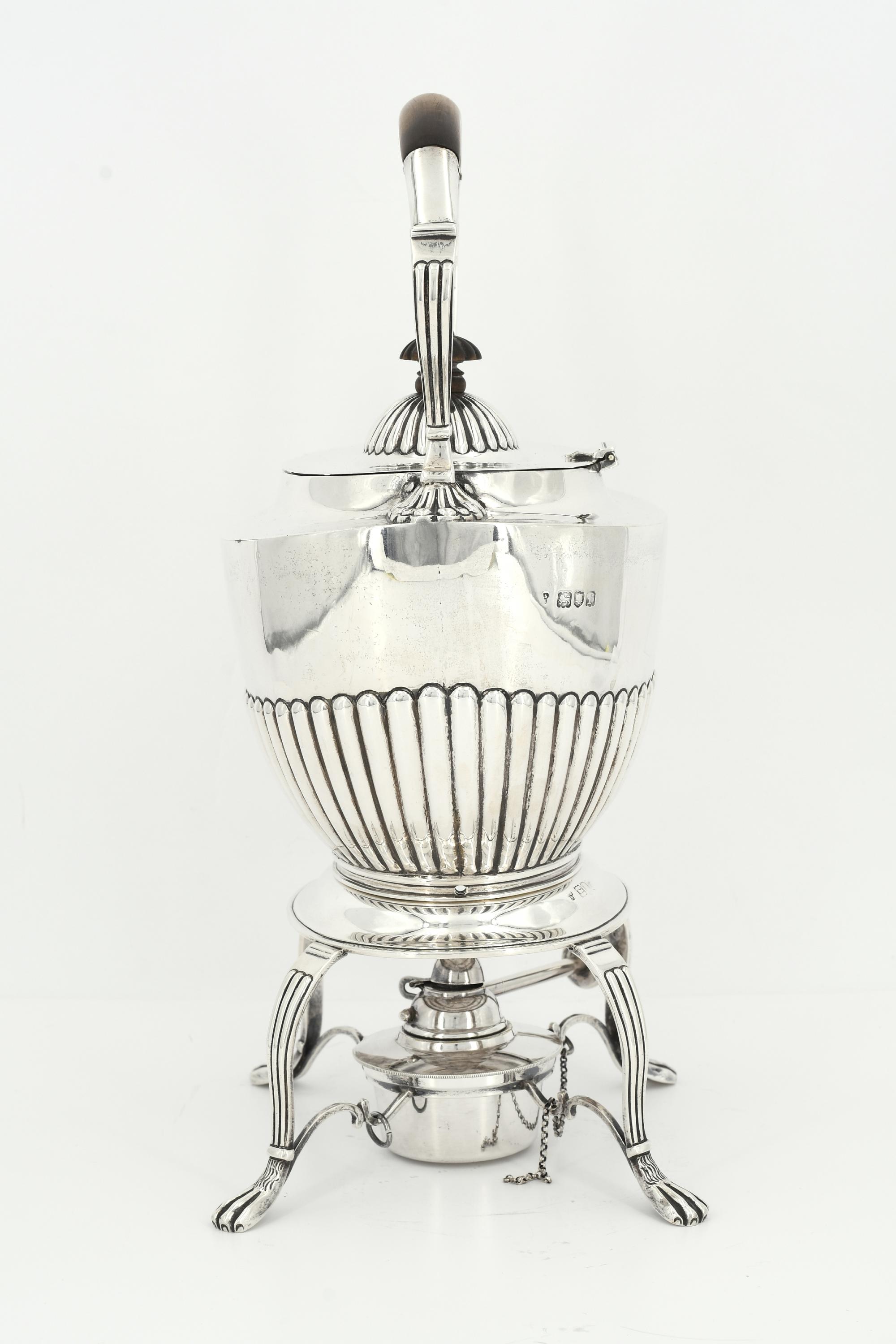 Edward VII silver tea pot with gadrooned walls on rechaud - Image 5 of 9