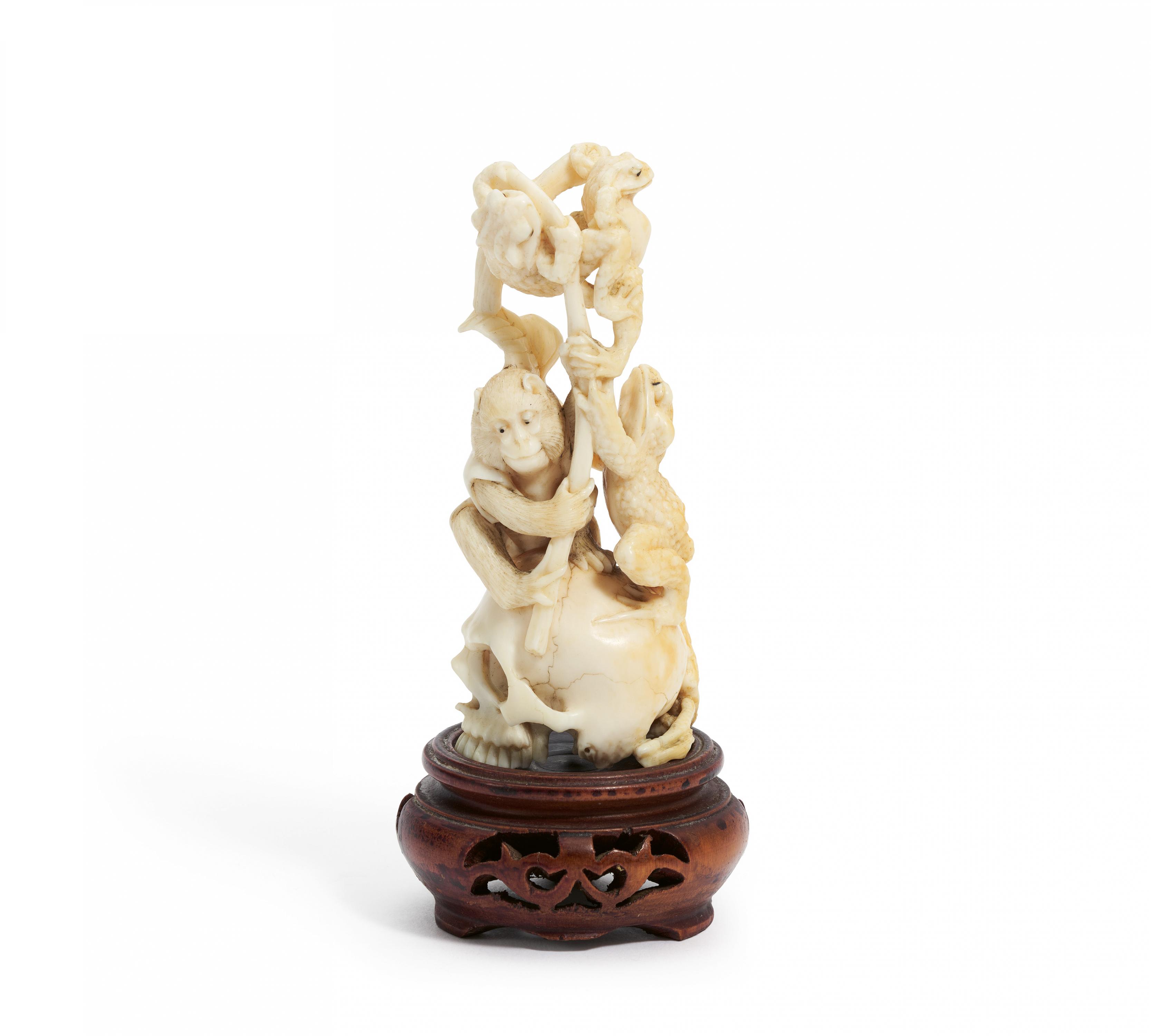 Ivory okimono with monkey and frogs on skull - Image 2 of 6