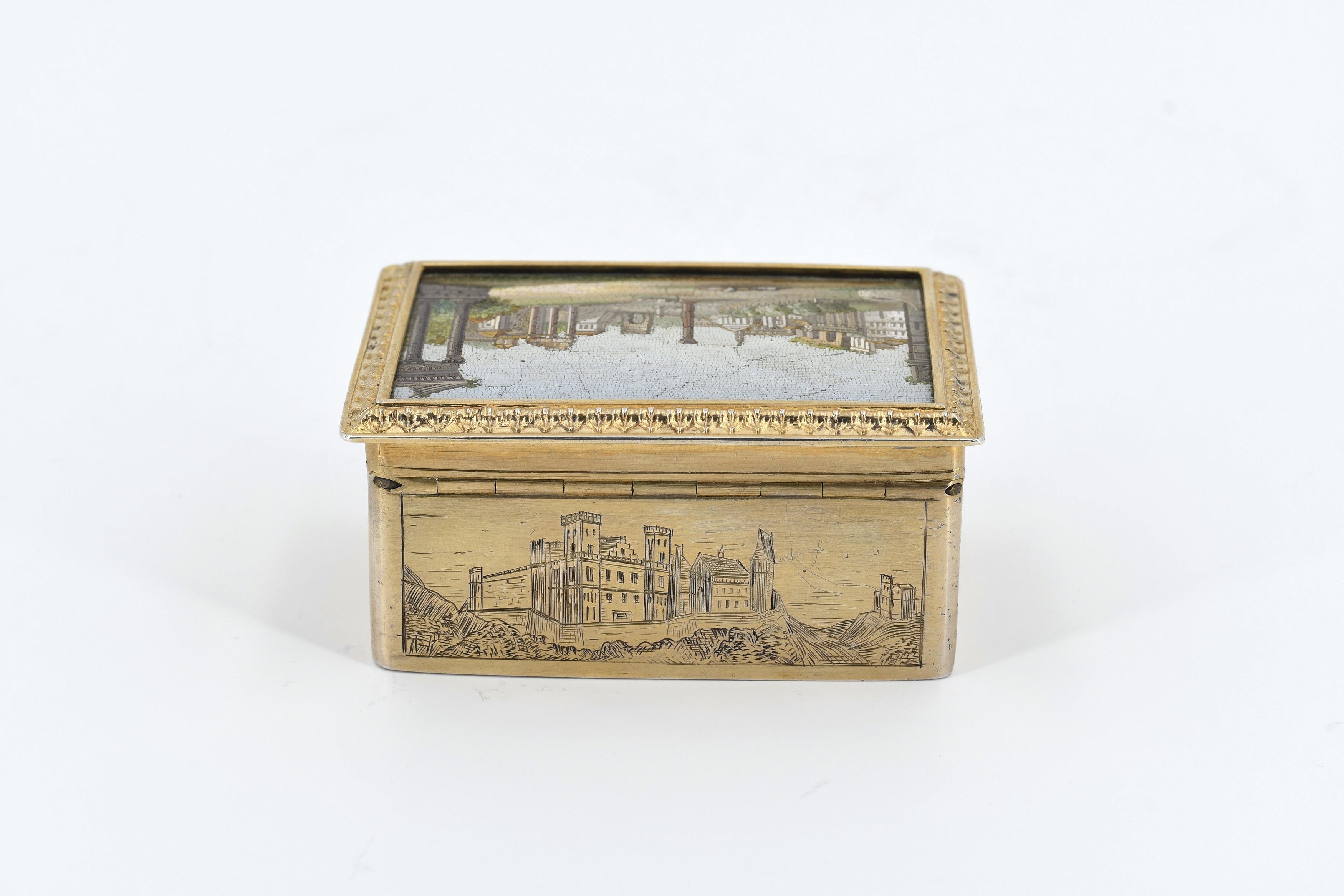Two exquisite gilt silver and glass snuffboxes with cityscapes of rome in micro mosaic - Image 3 of 14
