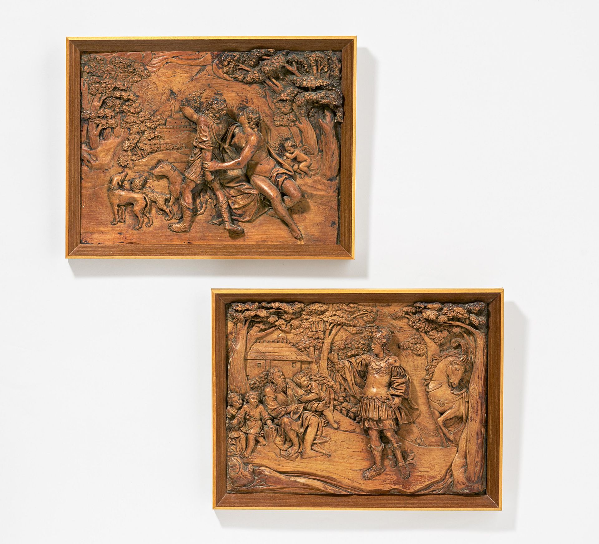 Pair of wooden reliefs with mythological scenes