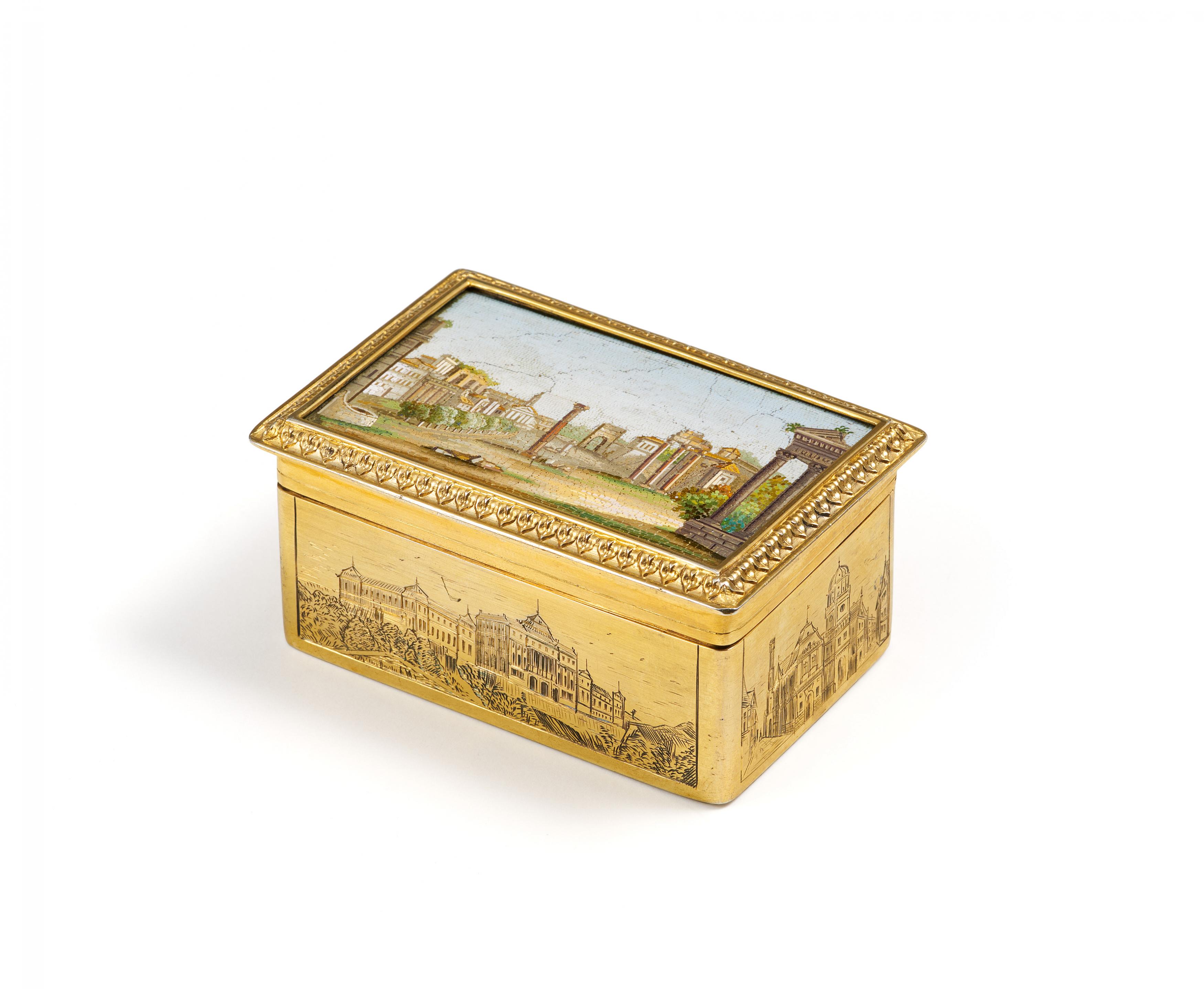 Two exquisite gilt silver and glass snuffboxes with cityscapes of rome in micro mosaic - Image 2 of 14