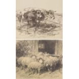 Heinrich von Zügel: Zwei Kohlezeichnungen: Ochsengespann / Schafe vor der Stalltür
