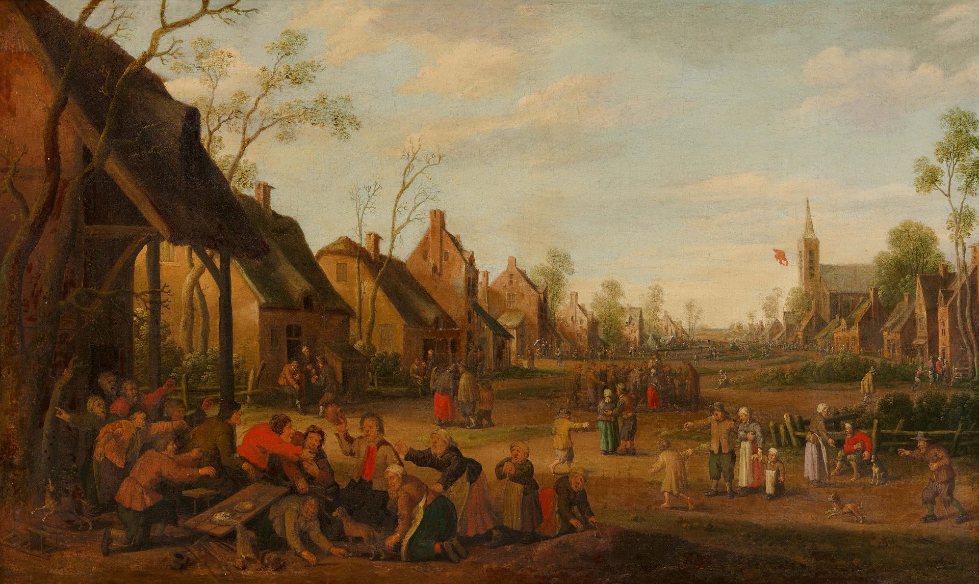 Joost Cornelisz Droochsloot : View of a Village with Scuffling Peasants and Quacks