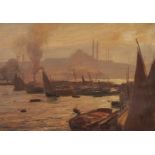 Georg Macco: Im Hafen von Istanbul mit Blick auf die Silhouette der Hagia Sophia