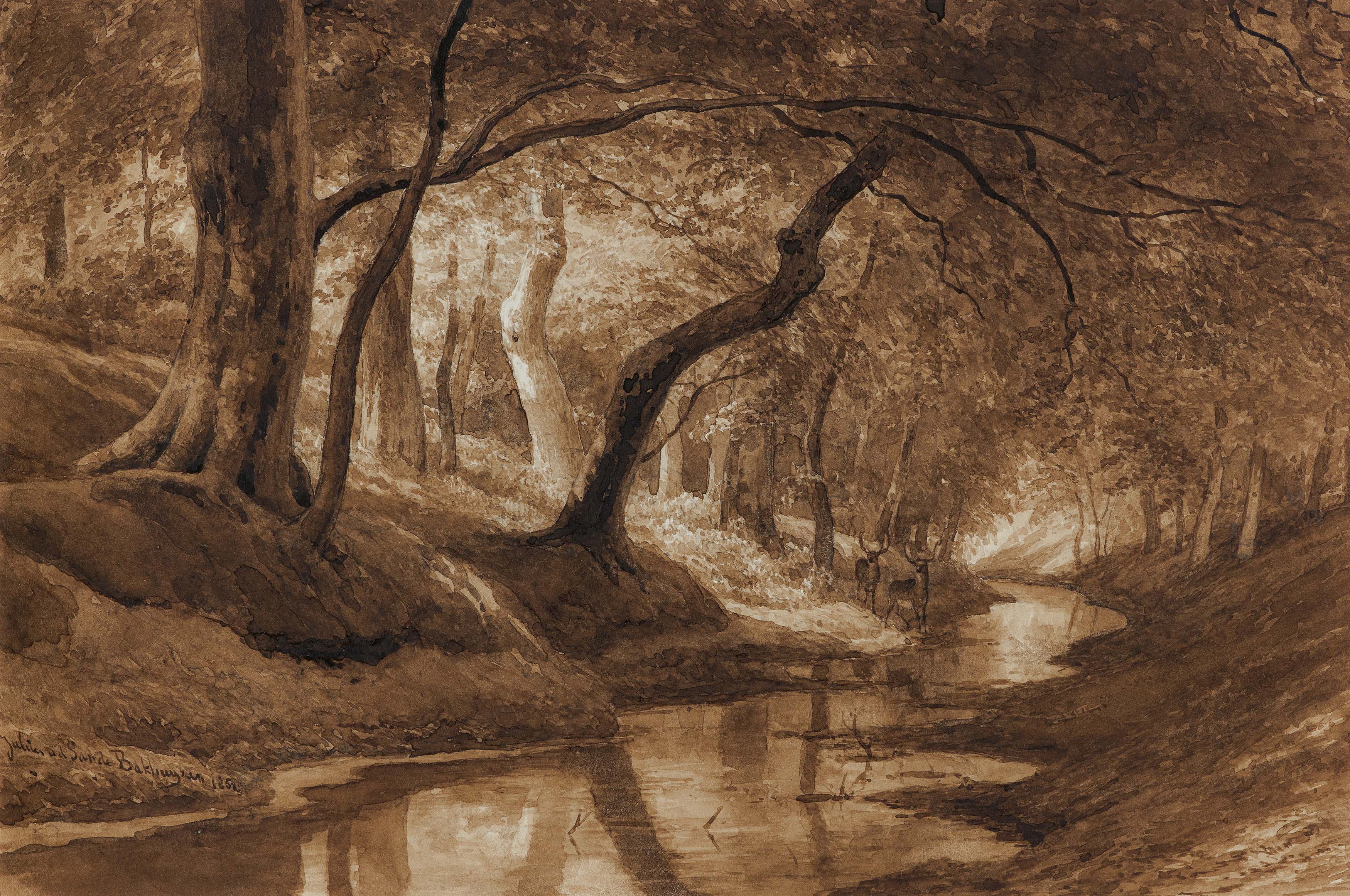 Julius Jakobus van de Sande Bakhuyzen Den Haag 1835 - 1925: Forest Stream with Deer