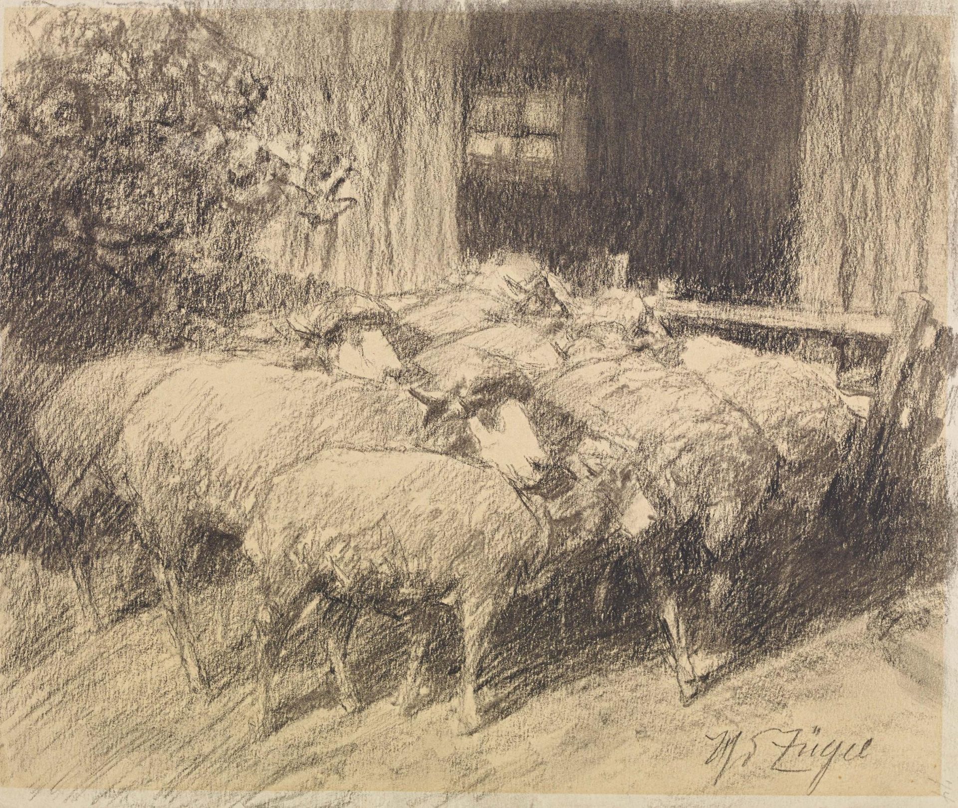 Heinrich von Zügel: Two charcoal drawings: A Yoke of Oxen / Sheep in Front of the Barn Door - Image 4 of 5