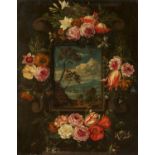 Jan d.J. Brueghel: Kartusche mit Ausblick auf eine Küstenlandschaft, eingerahmt von Blumengebinden