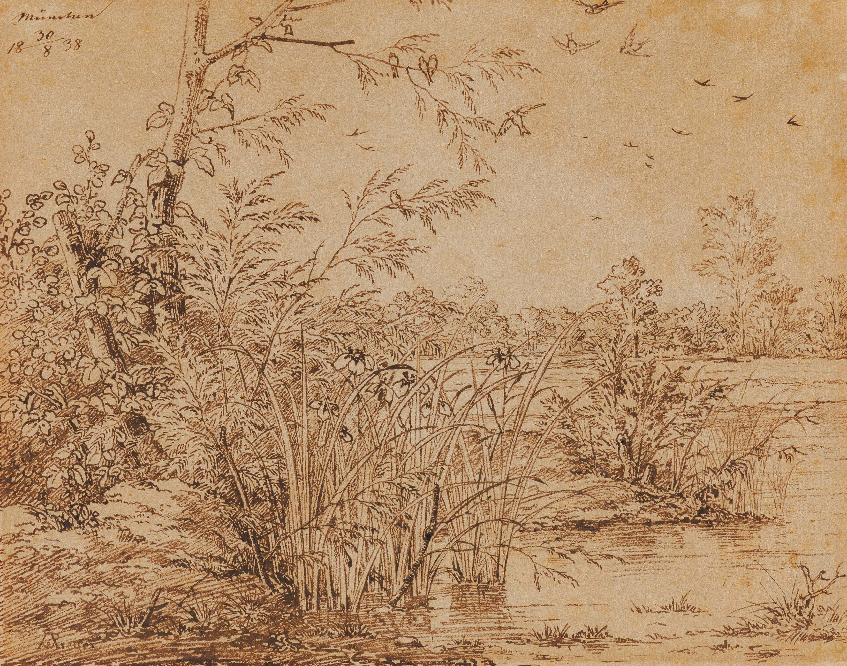 Johann Wilhelm Preyer 1803 Rheydt - 1889 Düsseldorf: Reed Covered Shore Landscape