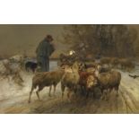 Heinrich von Zügel: Winterabend mit Hirten und seiner Herde am Waldrand