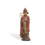 Ostfranzösische Schule: Statue des Heiligen Papstes Cornelius mit Kreuzstab und Horn