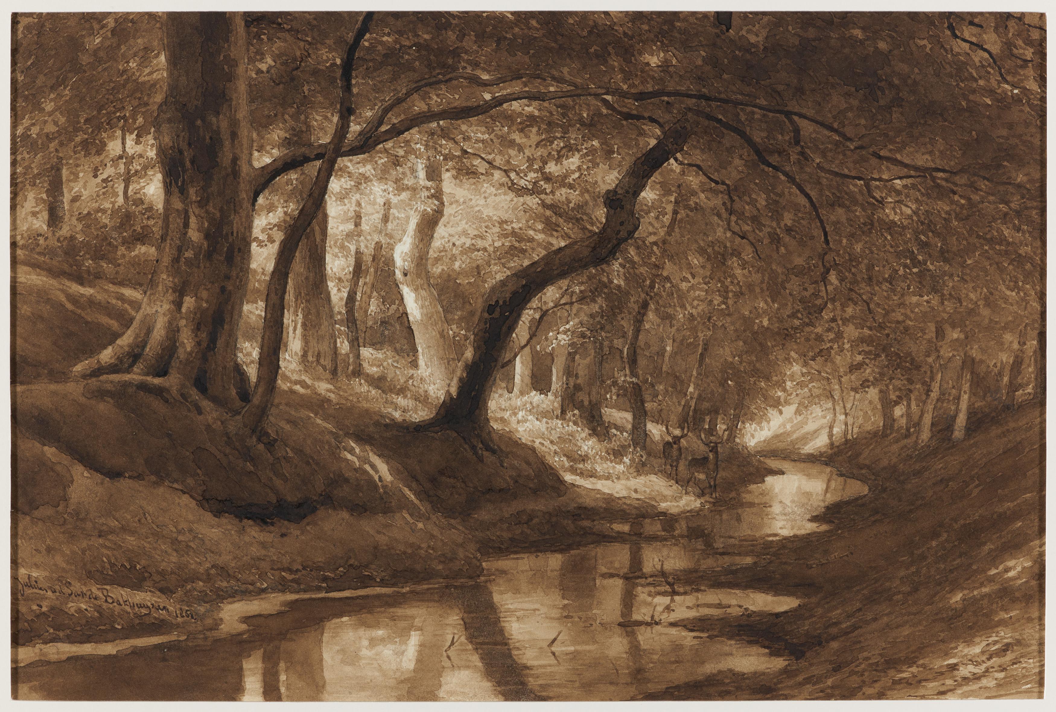 Julius Jakobus van de Sande Bakhuyzen Den Haag 1835 - 1925: Forest Stream with Deer - Image 2 of 4