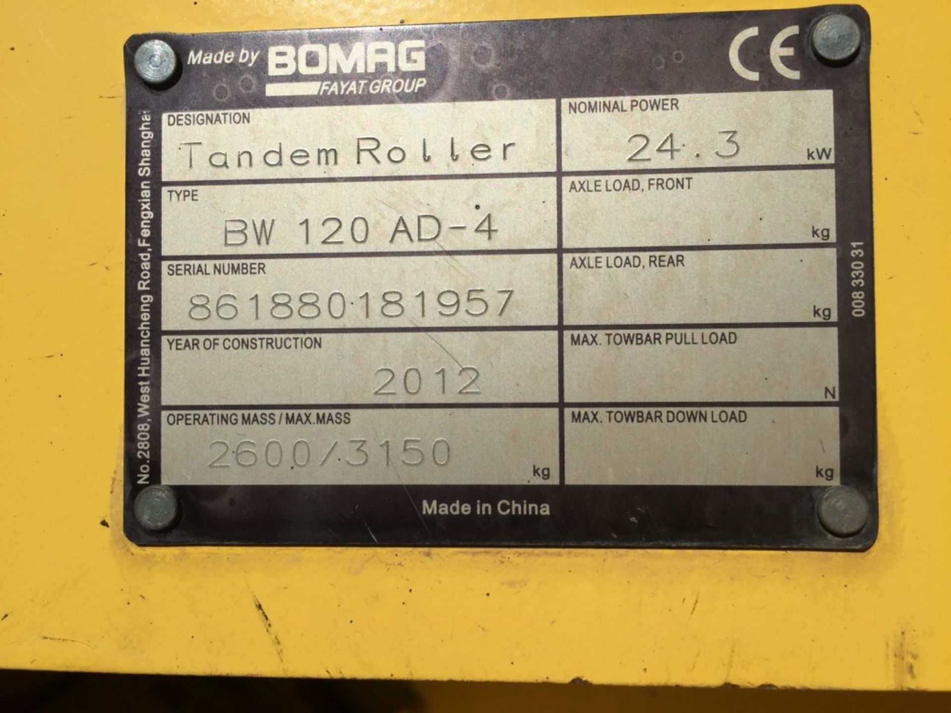 2012 Bomag BW120AD-4 Vibratory Tandem Roller, - Image 10 of 22