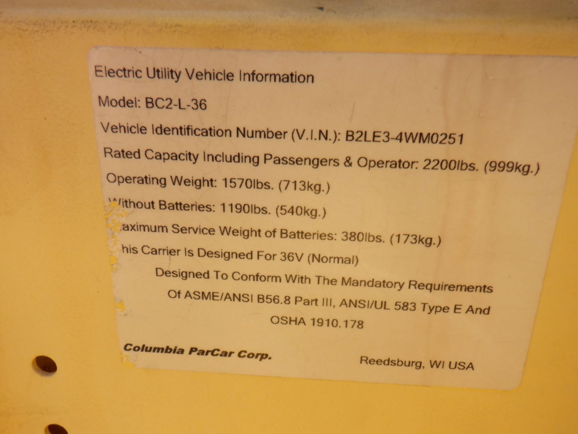 Columbia BC2-L-36 4-Passenger Utility Cart, - Image 10 of 10