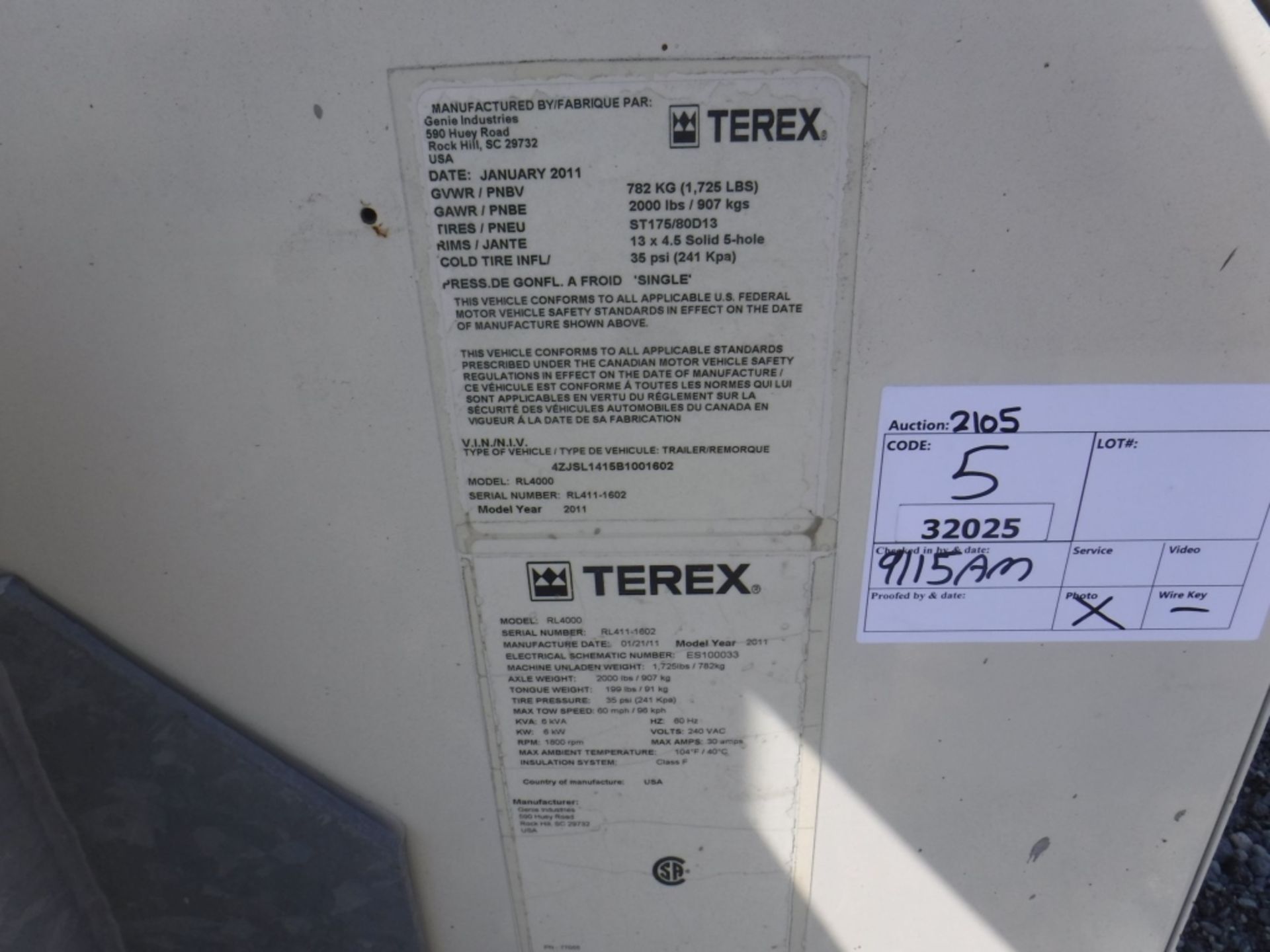 2011 Terex RL4000 Light Tower, - Image 12 of 12