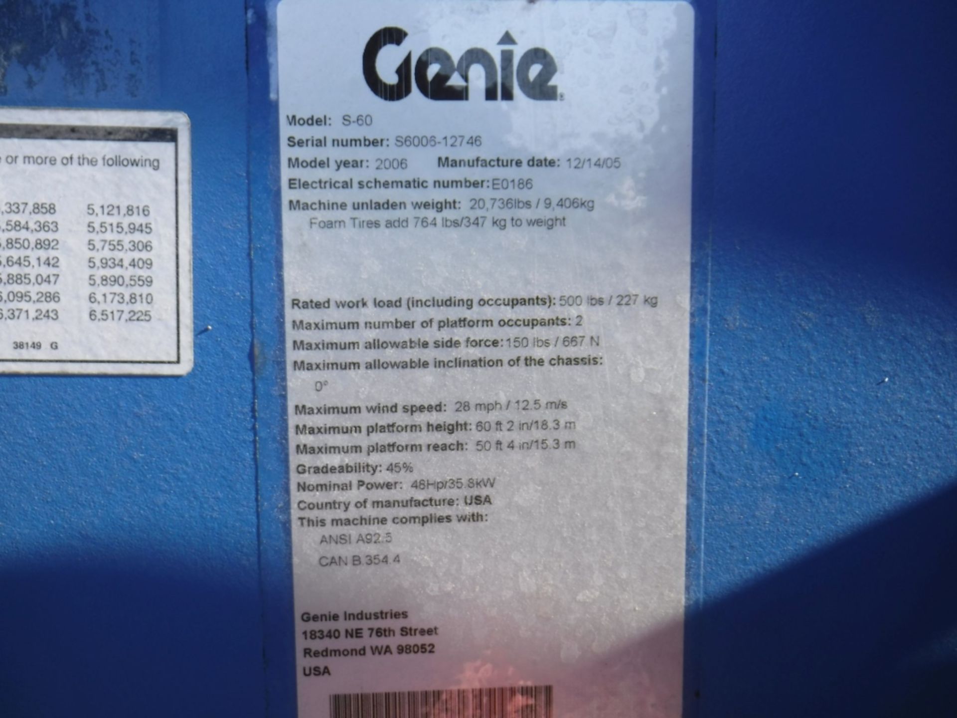 2006 Genie S60 Boom Lift, - Image 12 of 14